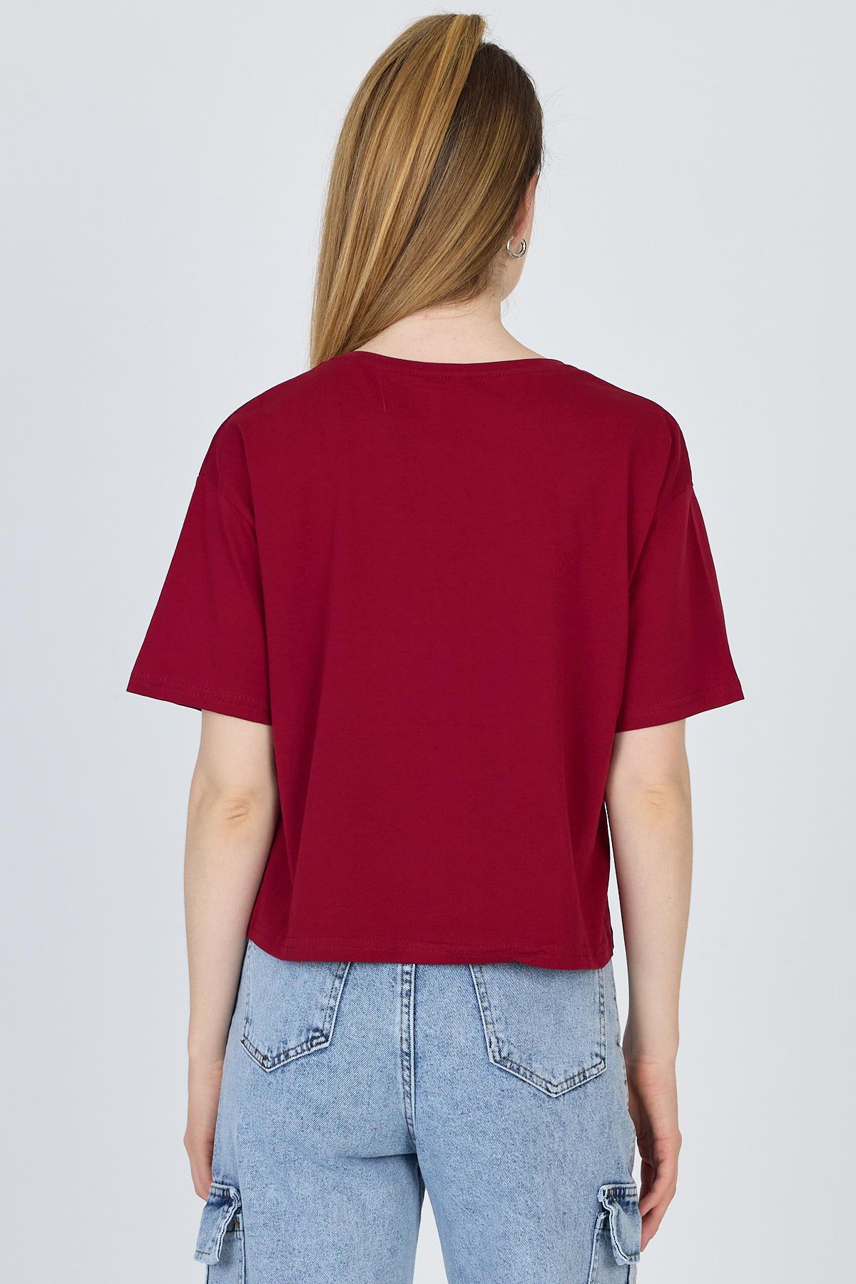 Bordo Yazı Nakışlı Crop Tişört 25259 - 5