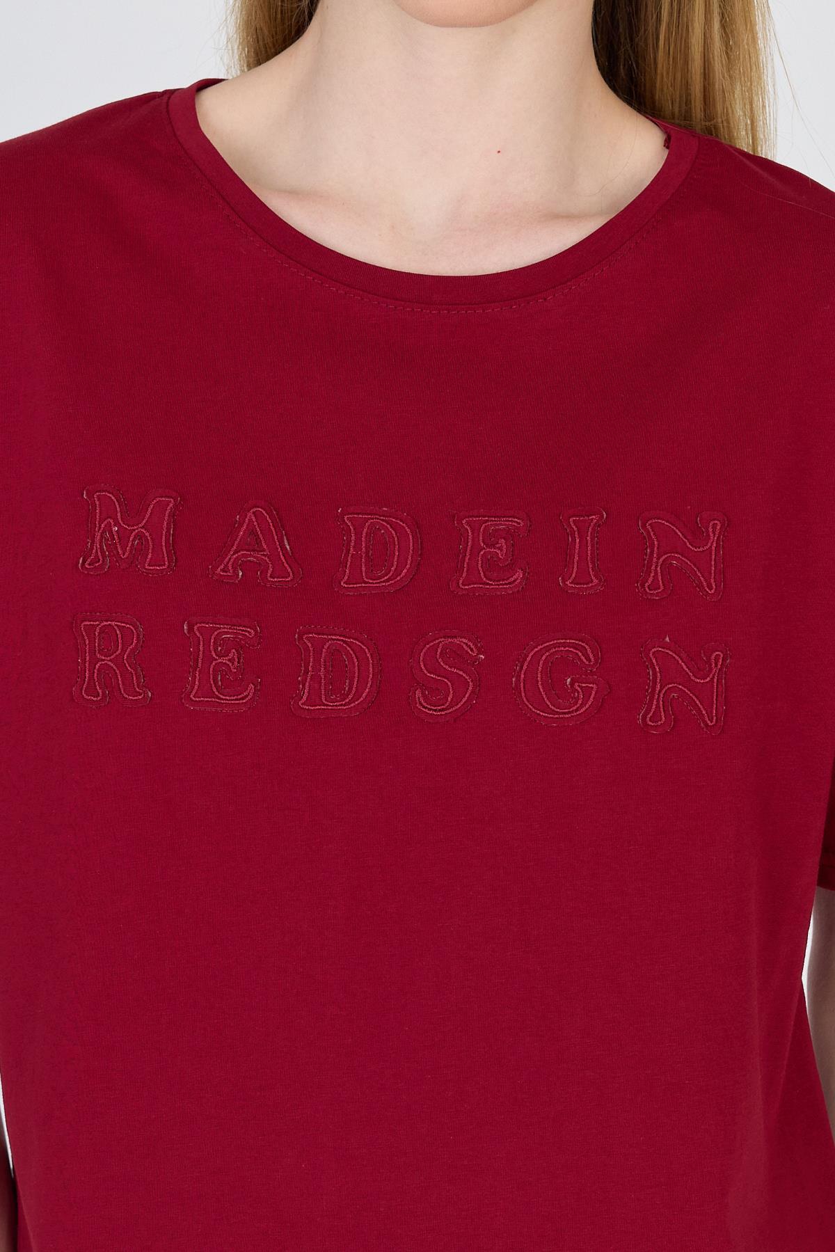 Bordo Yazı Nakışlı Crop Tişört 25259 - 4