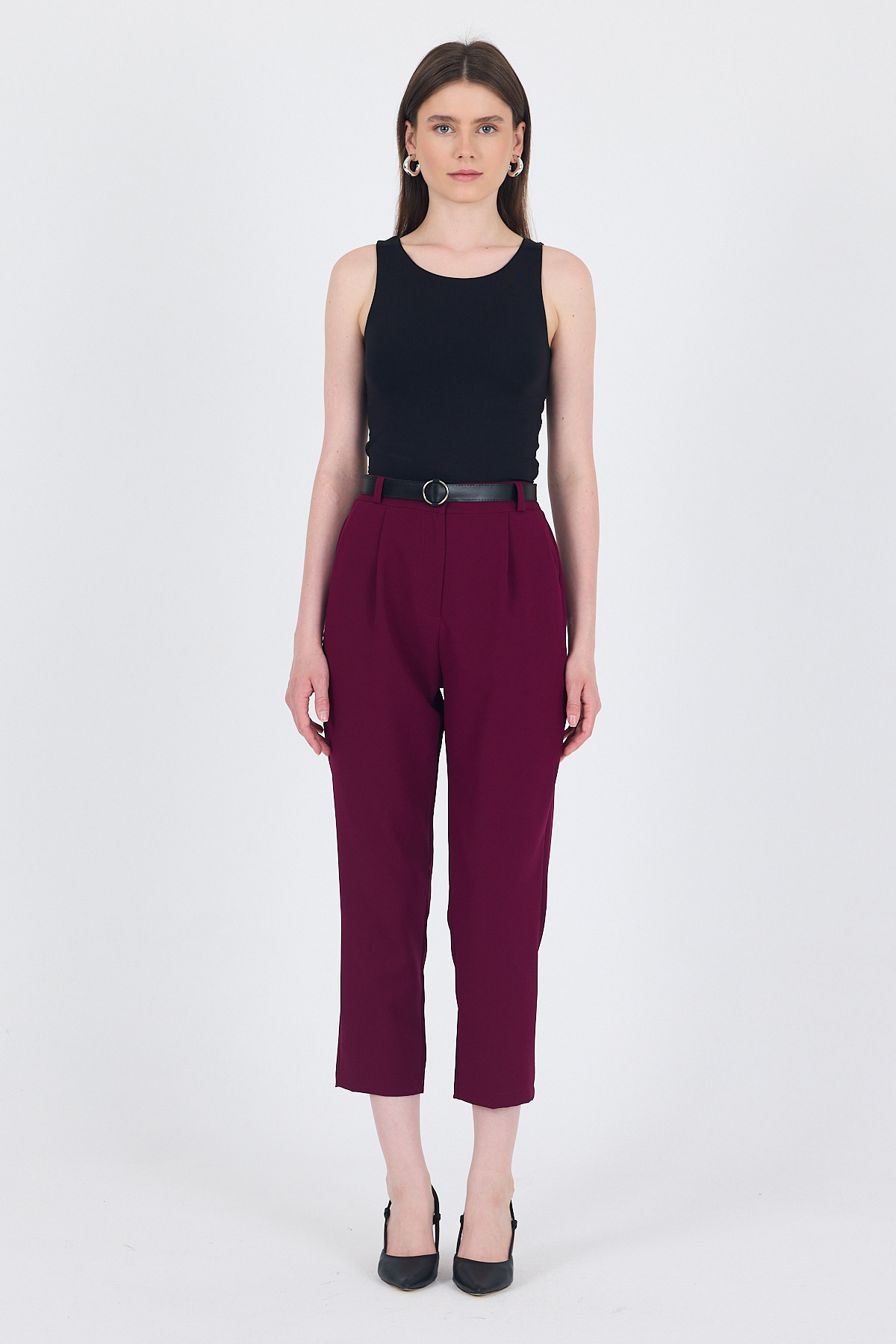 Bordo Yüksek Bel Kemerli Havuç Kesim Pantolon 6418A - 3