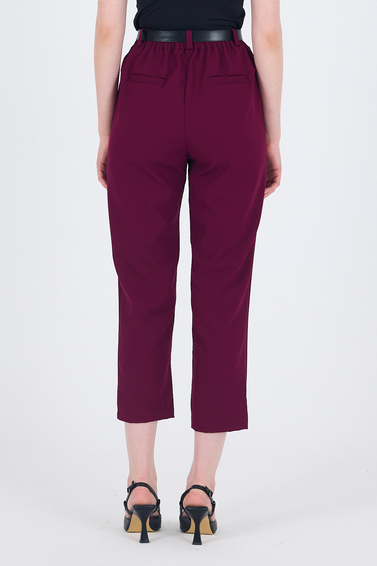 Bordo Yüksek Bel Kemerli Havuç Kesim Pantolon 6418A - 5