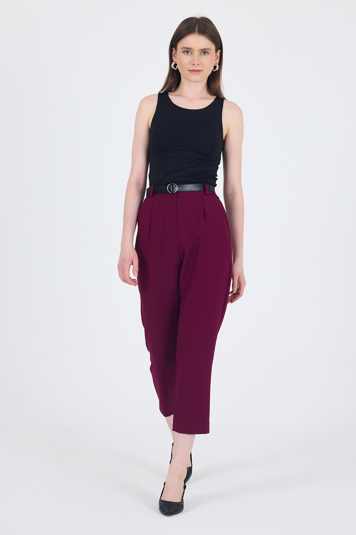 Bordo Yüksek Bel Kemerli Havuç Kesim Pantolon 6418A - 2