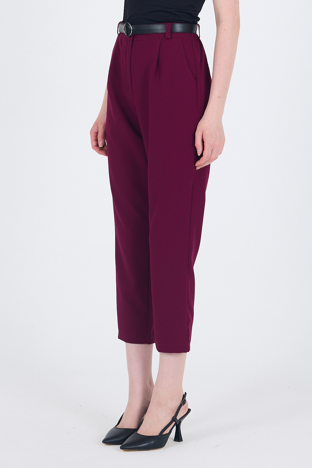 Bordo Yüksek Bel Kemerli Havuç Kesim Pantolon 6418A - 6