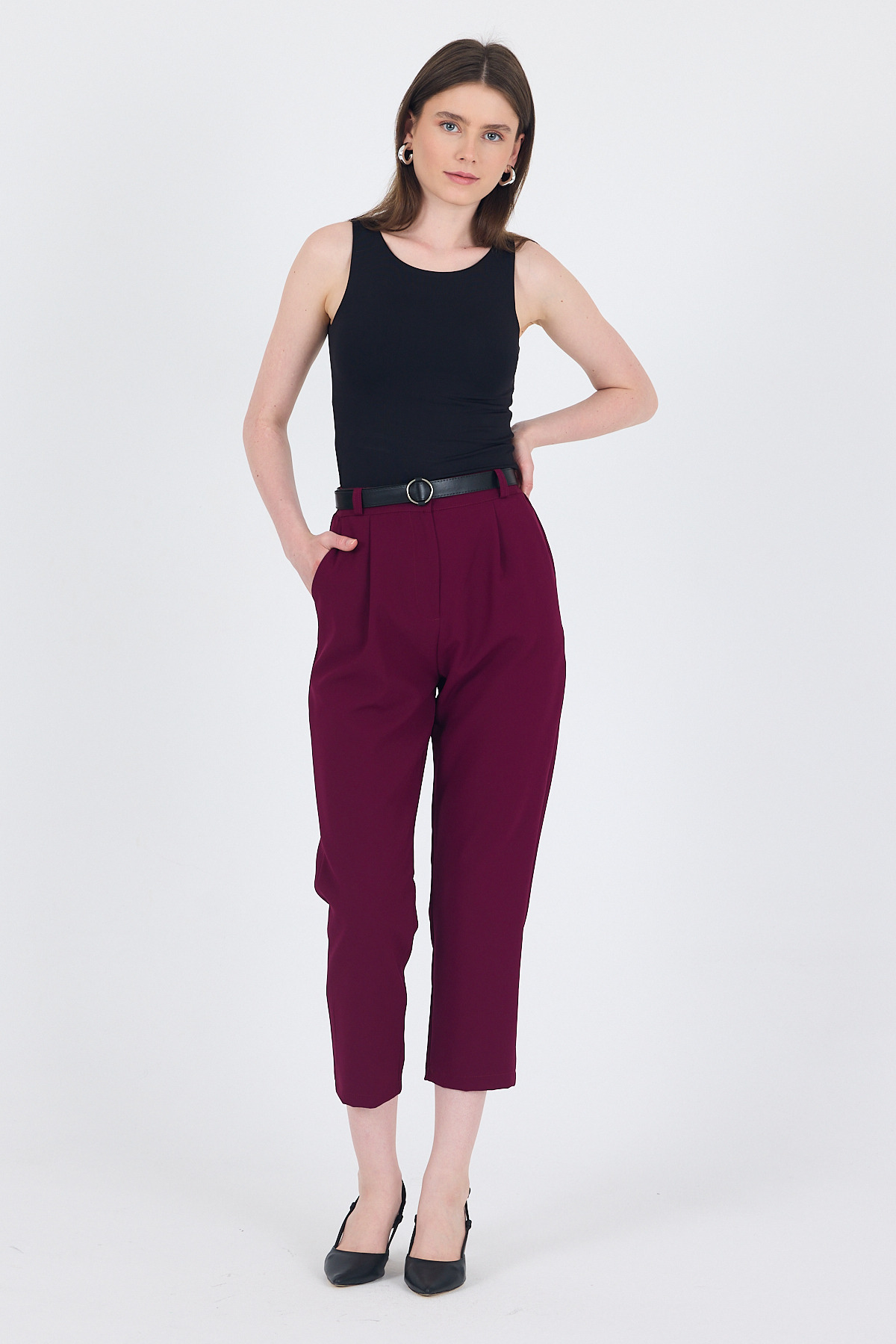 Bordo Yüksek Bel Kemerli Havuç Kesim Pantolon 6418A - 7