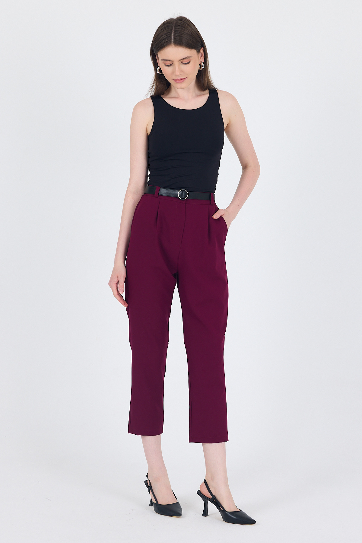 Bordo Yüksek Bel Kemerli Havuç Kesim Pantolon 6418A 