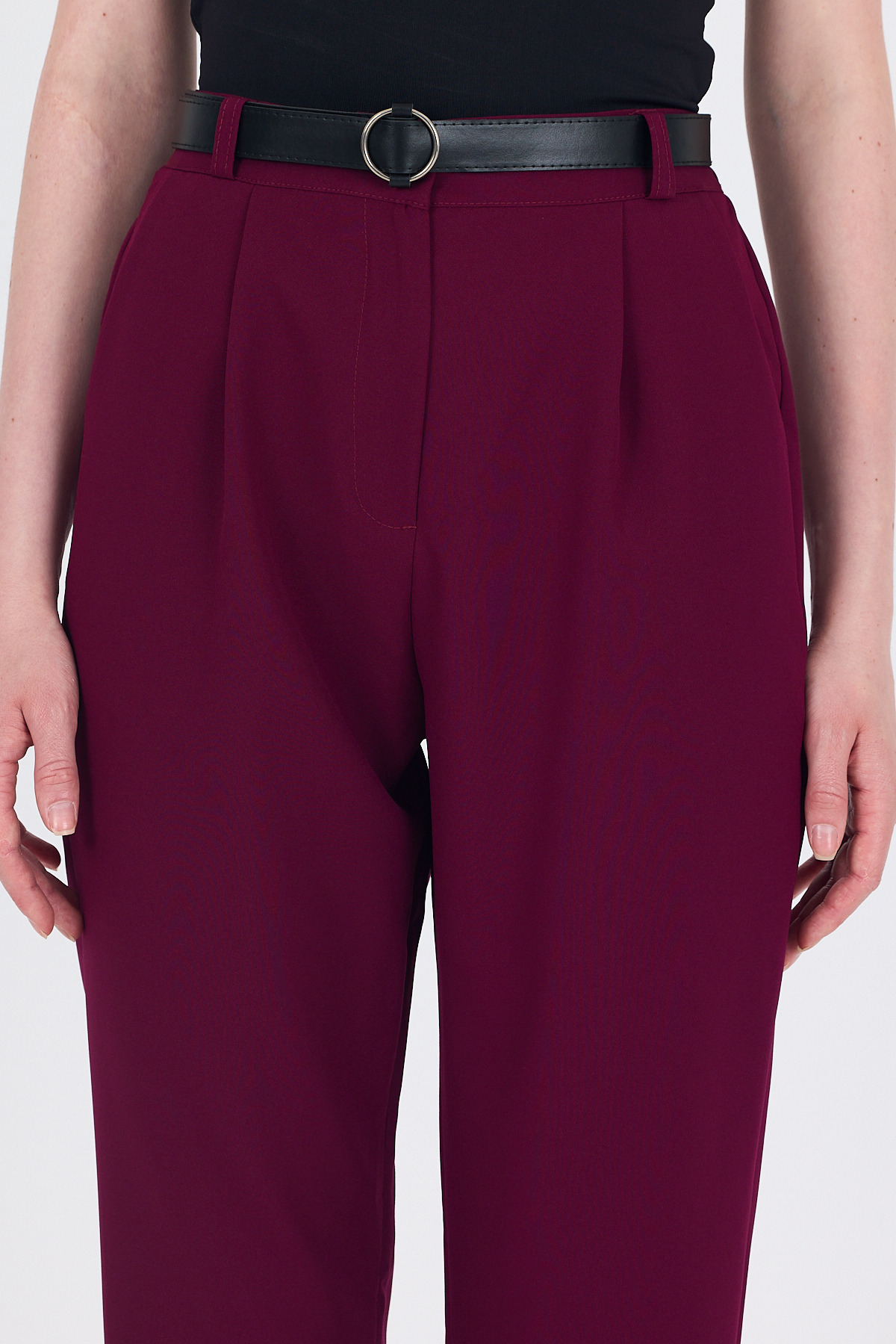 Bordo Yüksek Bel Kemerli Havuç Kesim Pantolon 6418A - 4