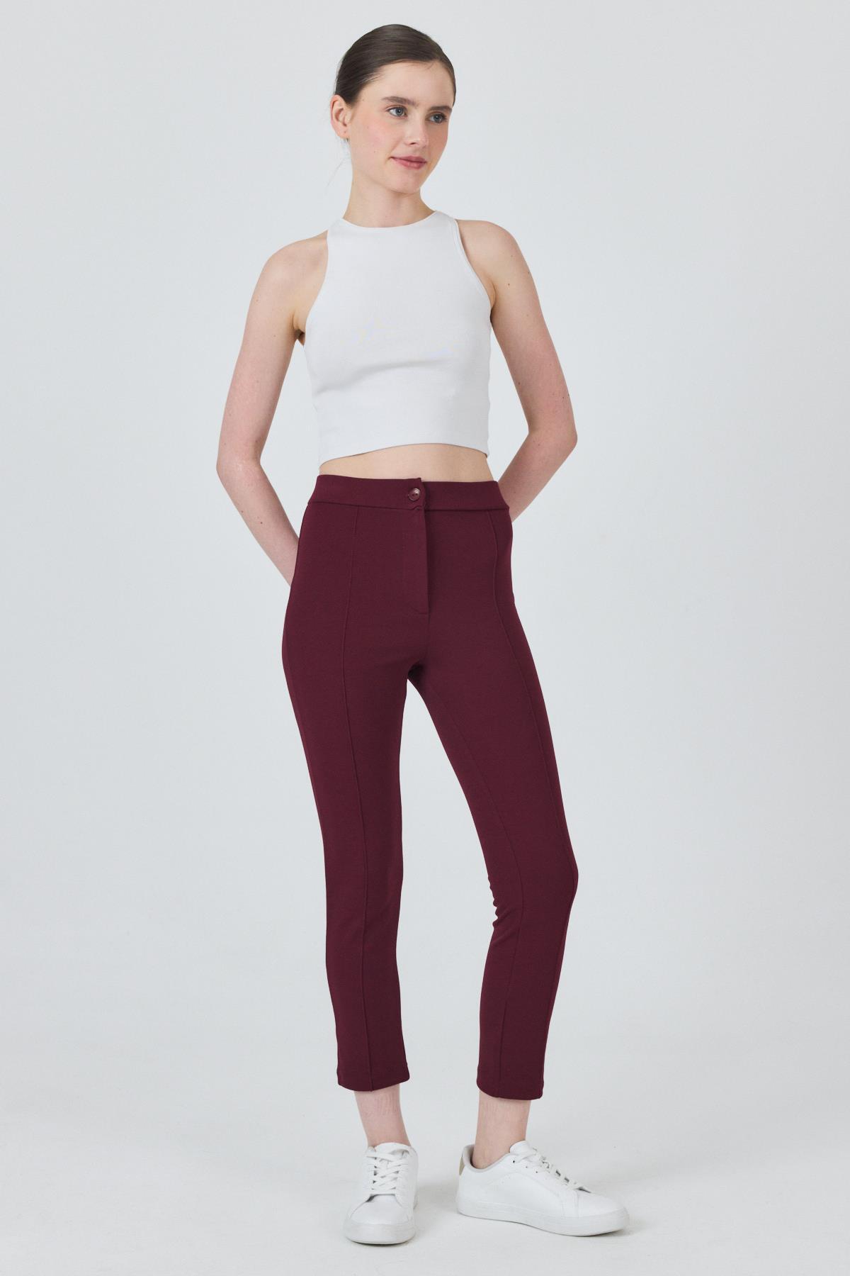 Bordo Yüksek Bel Nervür Dikiş Detaylı Tayt Pantolon 6875A - 2