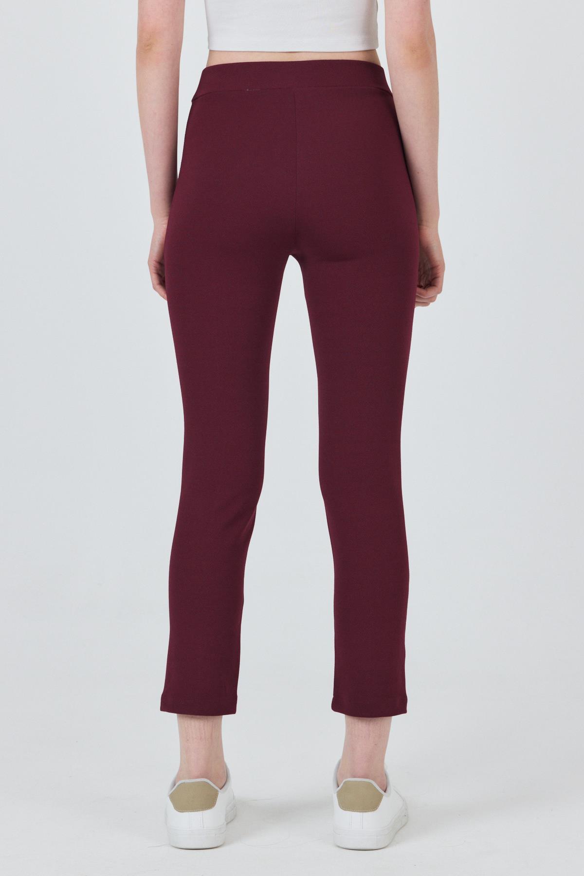 Bordo Yüksek Bel Nervür Dikiş Detaylı Tayt Pantolon 6875A - 5