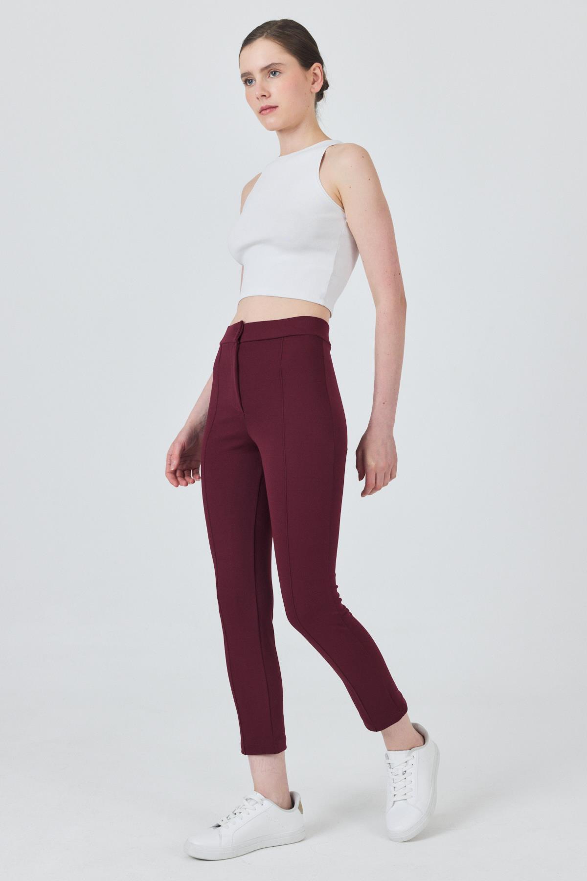 Bordo Yüksek Bel Nervür Dikiş Detaylı Tayt Pantolon 6875A - RAYS