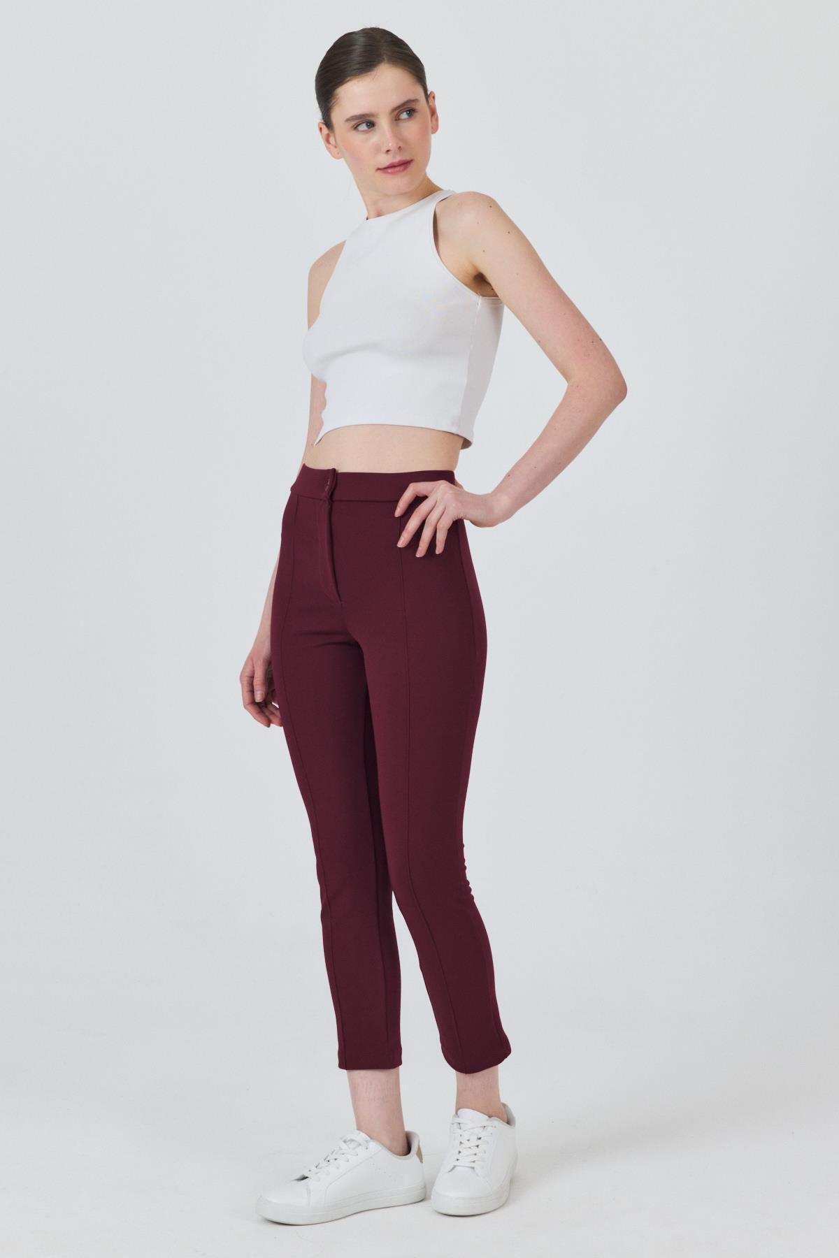 Bordo Yüksek Bel Nervür Dikiş Detaylı Tayt Pantolon 6875A - 8