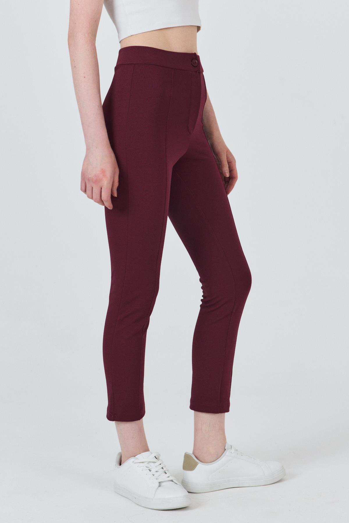 Bordo Yüksek Bel Nervür Dikiş Detaylı Tayt Pantolon 6875A - 4