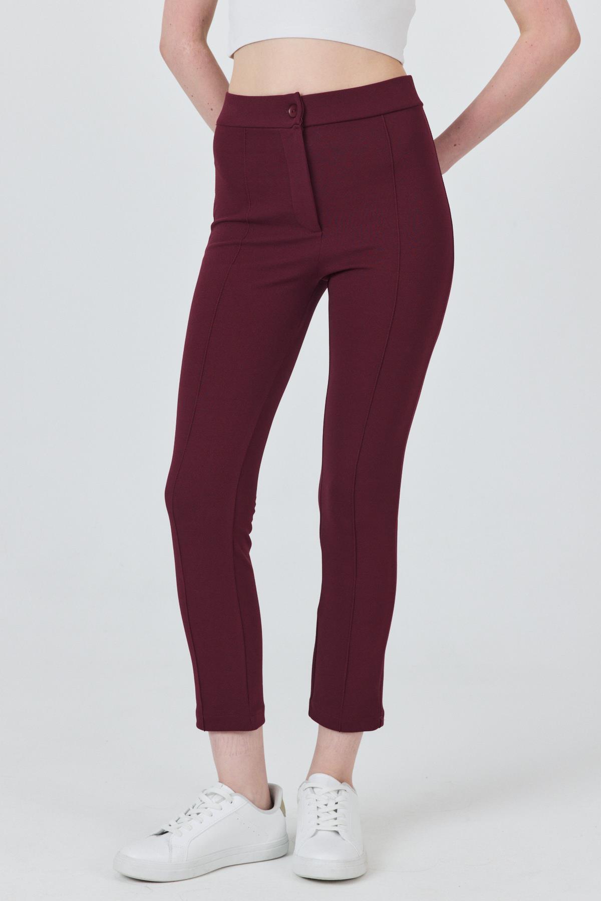 Bordo Yüksek Bel Nervür Dikiş Detaylı Tayt Pantolon 6875A - 7