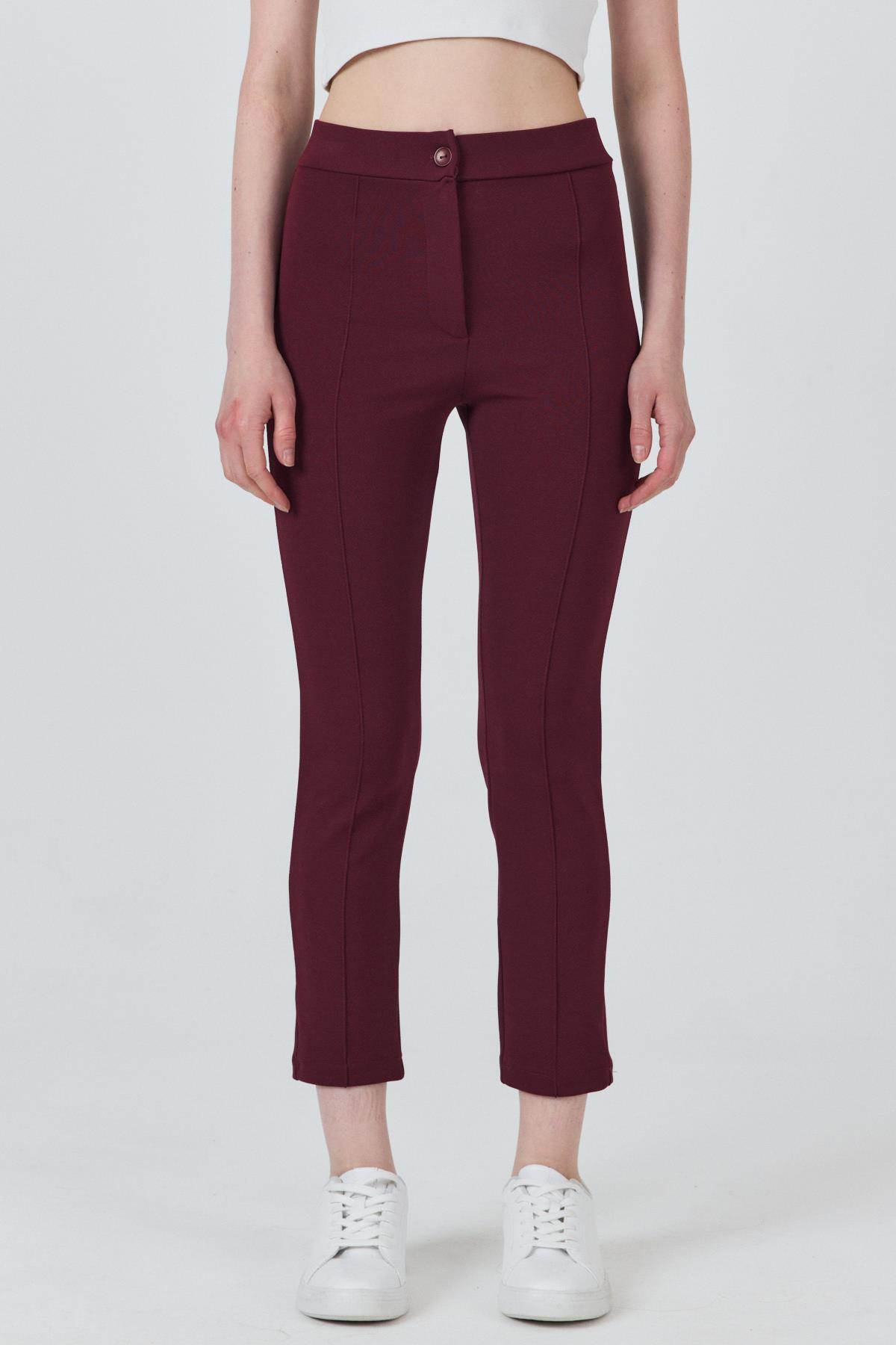 Bordo Yüksek Bel Nervür Dikiş Detaylı Tayt Pantolon 6875A - 3