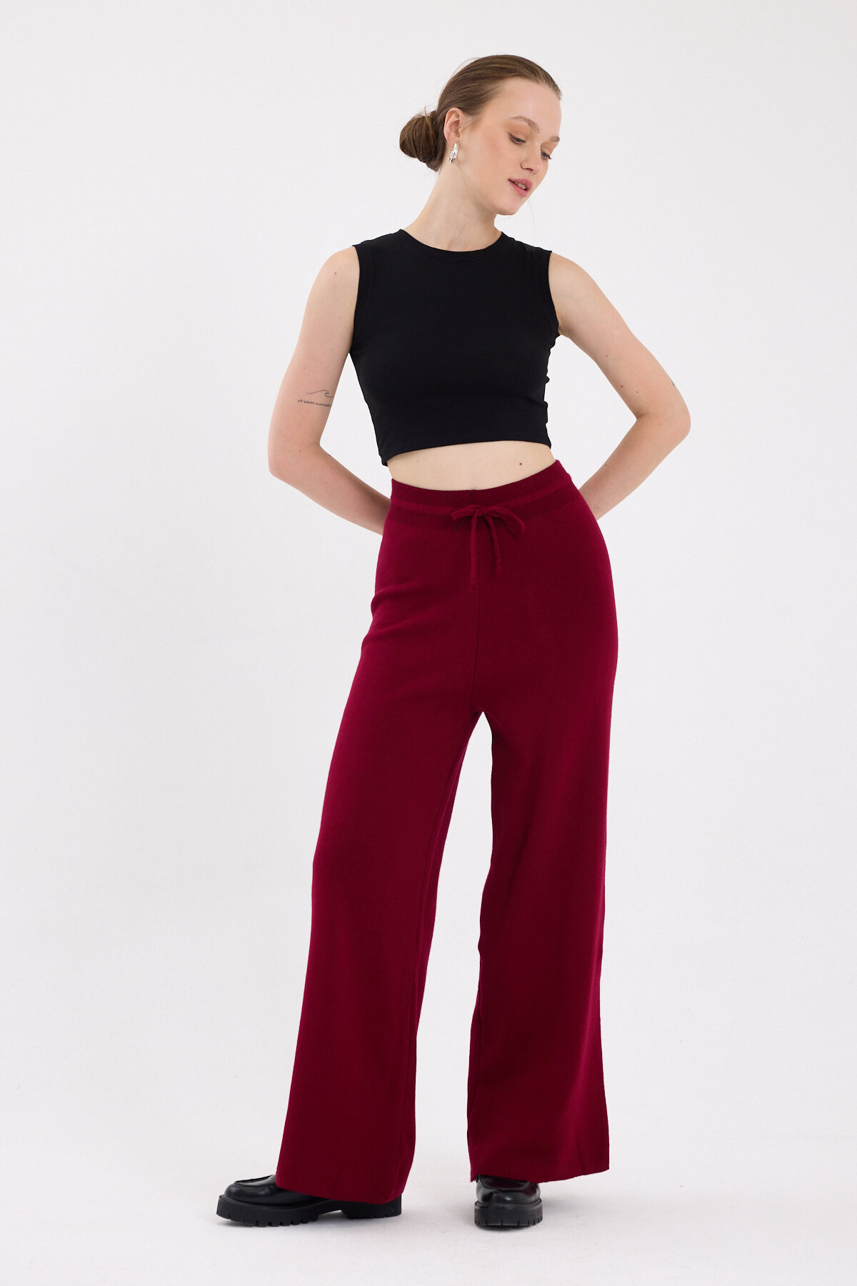 Bordo Yüksek Bel Triko Palazzo Kadın Pantolon 2251 - RAYS