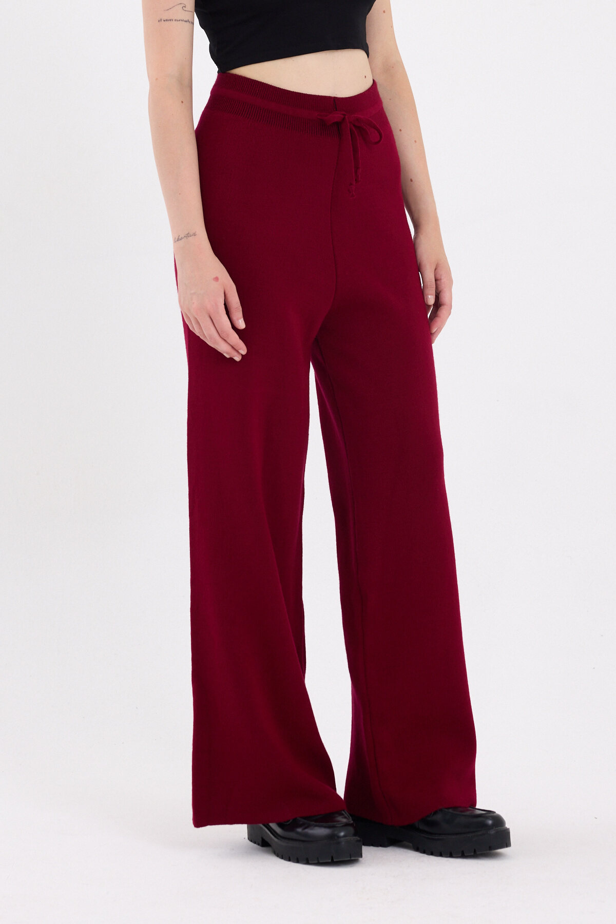Bordo Yüksek Bel Triko Palazzo Kadın Pantolon 2251 - RAYS