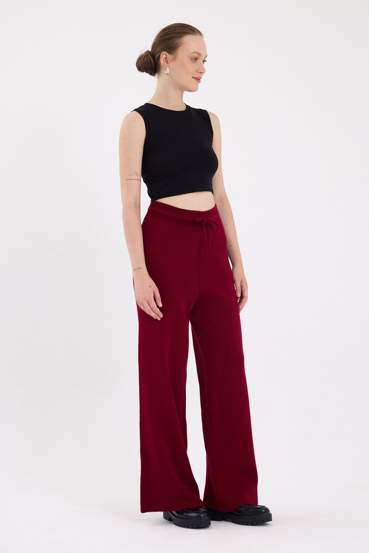 Bordo Yüksek Bel Triko Palazzo Kadın Pantolon 2251 - RAYS
