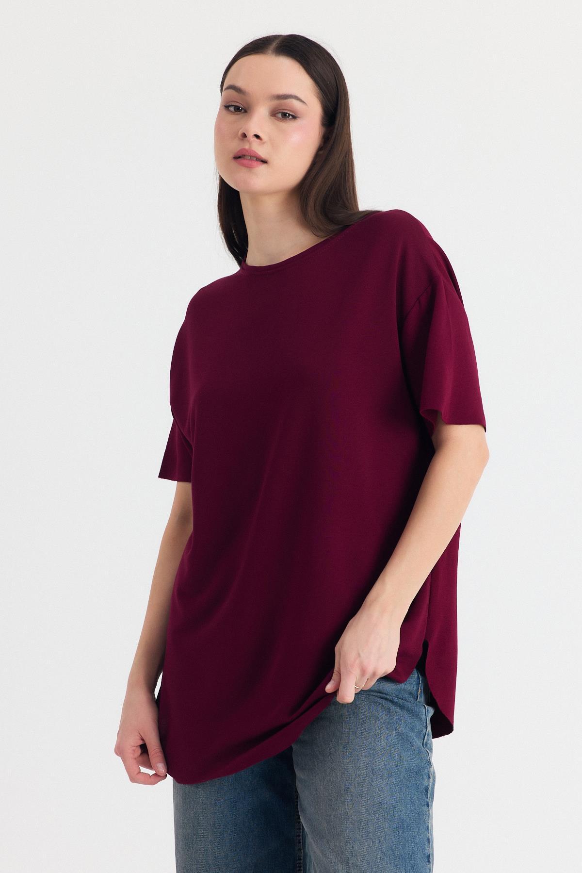 Bordo Yumuşak Dokulu Esnek Premium Kumaş Lazer Kesim Oversize Tişört 1868 - 1