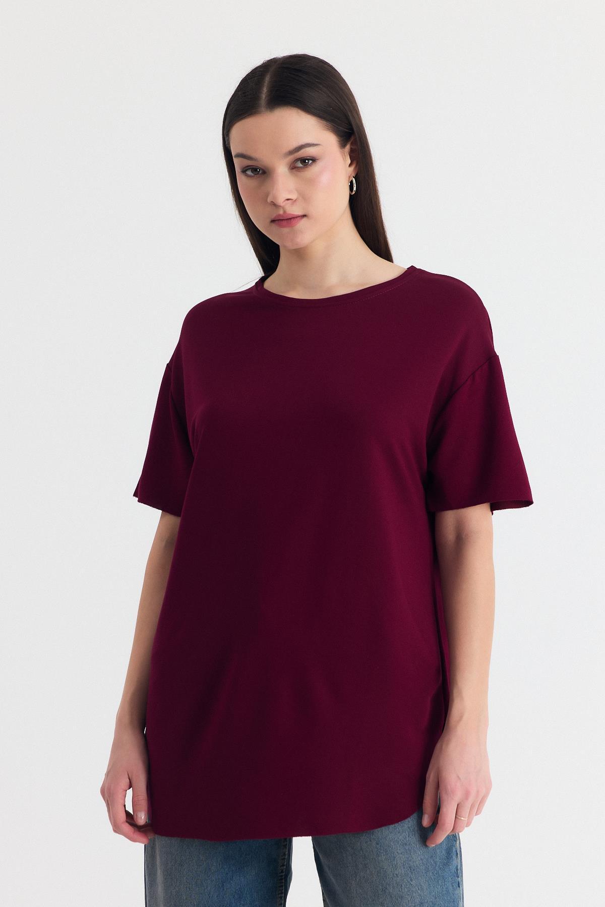 Bordo Yumuşak Dokulu Esnek Premium Kumaş Lazer Kesim Oversize Tişört 1868 - 2