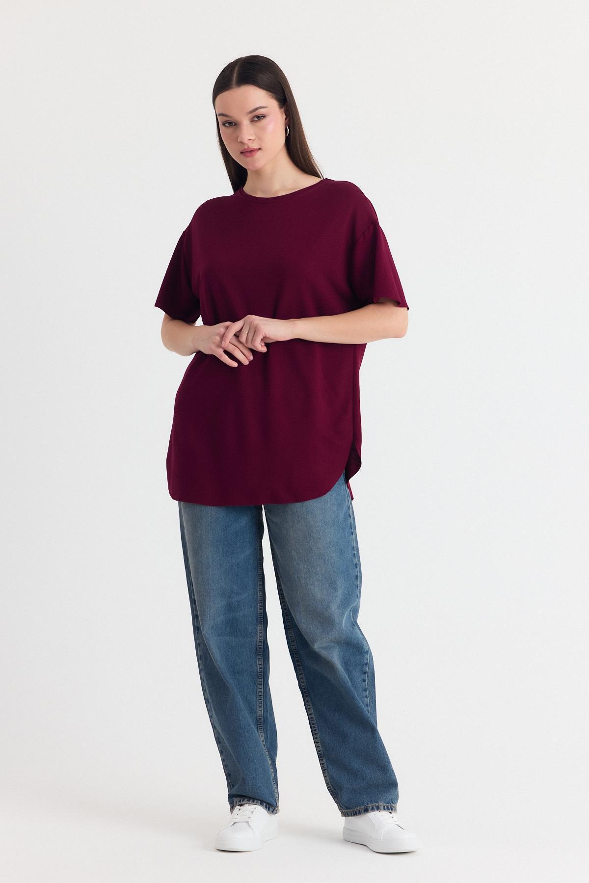 Bordo Yumuşak Dokulu Esnek Premium Kumaş Lazer Kesim Oversize Tişört 1868 - 3