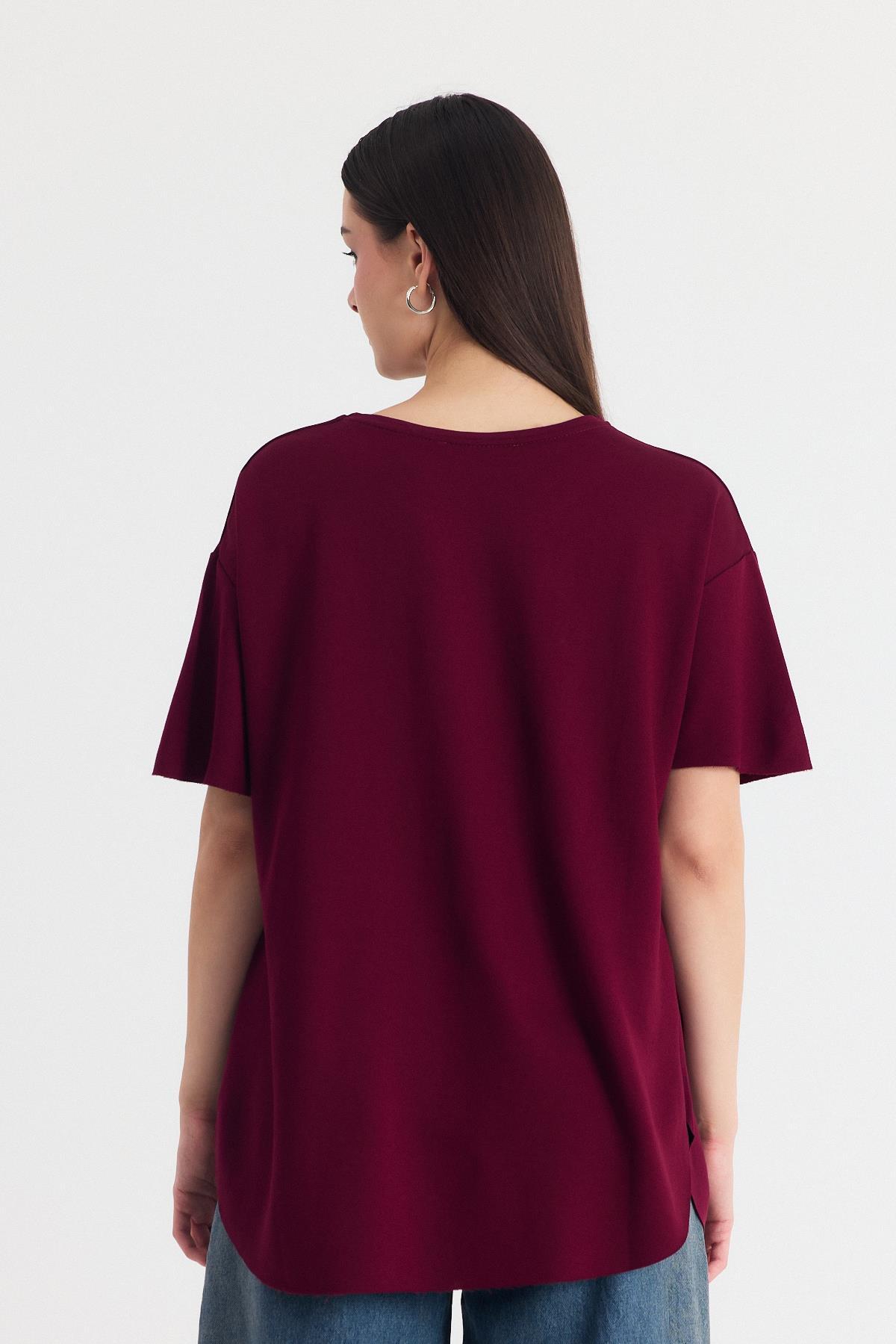 Bordo Yumuşak Dokulu Esnek Premium Kumaş Lazer Kesim Oversize Tişört 1868 - 5