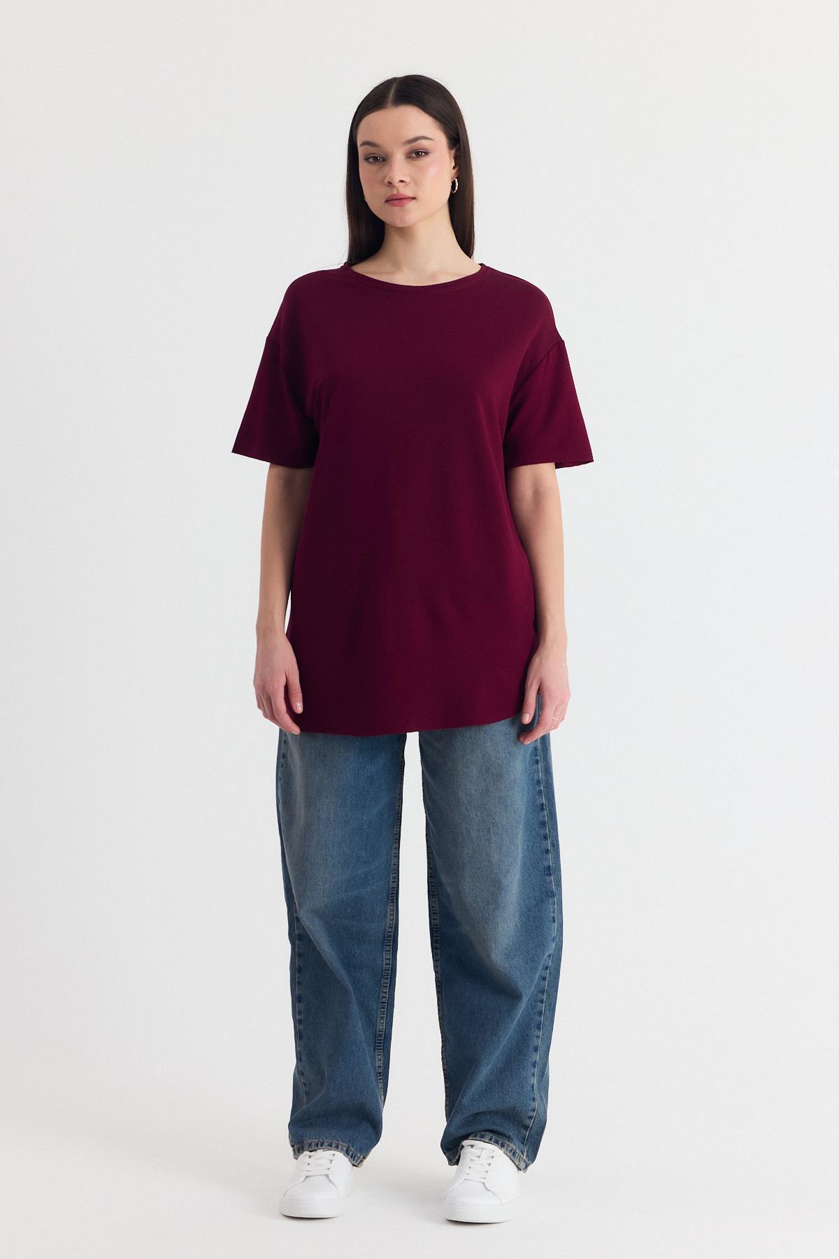 Bordo Yumuşak Dokulu Esnek Premium Kumaş Lazer Kesim Oversize Tişört 1868 - 6