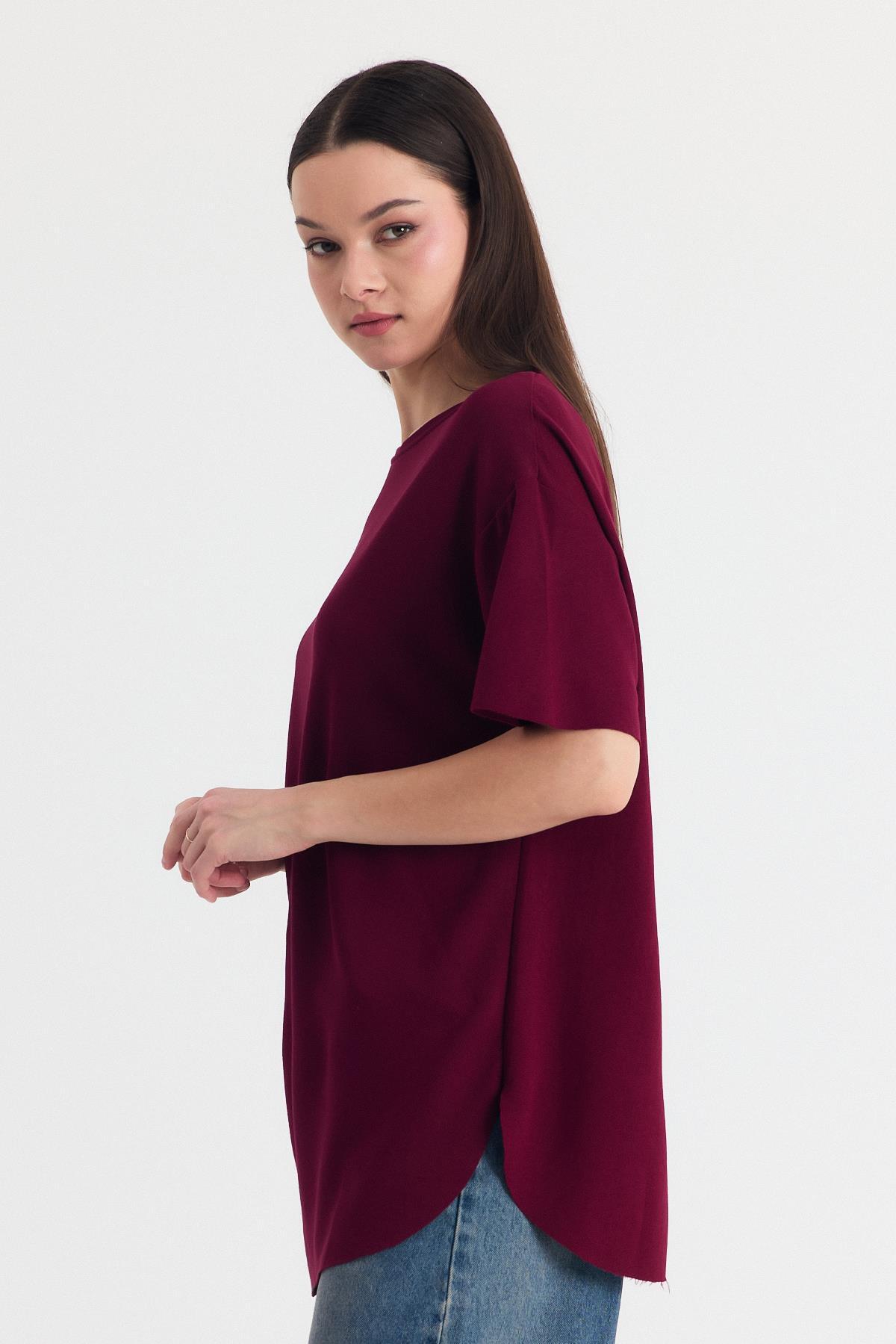 Bordo Yumuşak Dokulu Esnek Premium Kumaş Lazer Kesim Oversize Tişört 1868 - 8