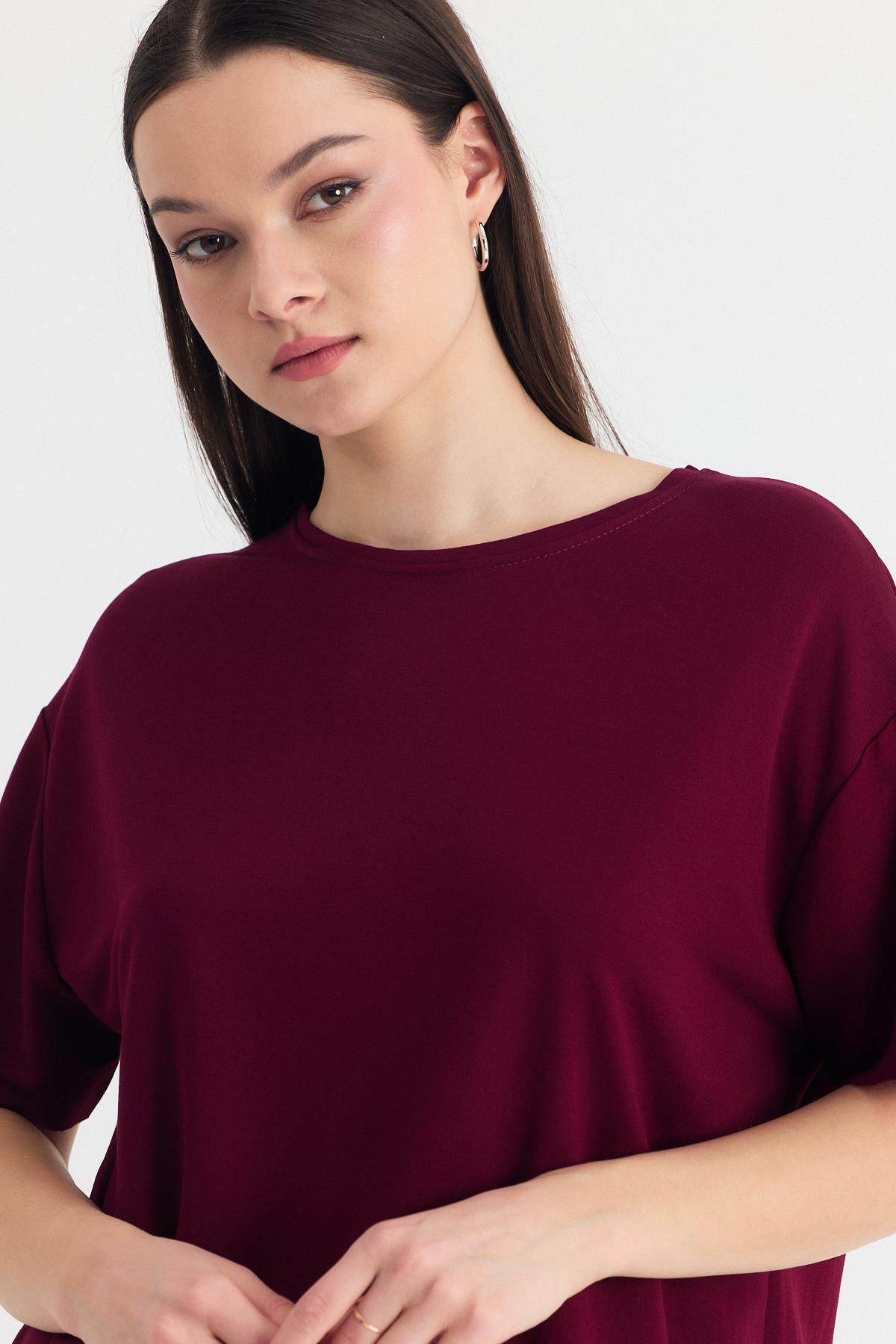 Bordo Yumuşak Dokulu Esnek Premium Kumaş Lazer Kesim Oversize Tişört 1868 - 4