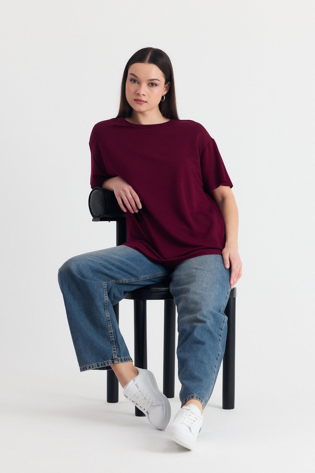 Bordo Yumuşak Dokulu Esnek Premium Kumaş Lazer Kesim Oversize Tişört 1868 - 7