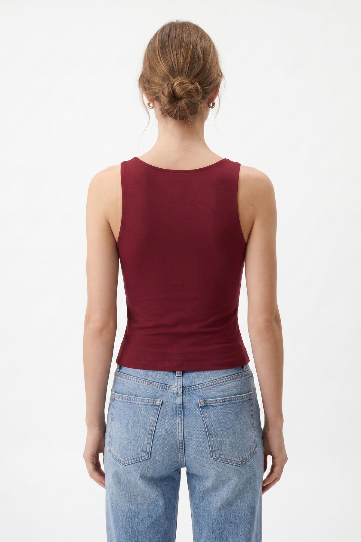 Bordo Yuvarlak Yaka Crop Atlet 8163A - RAYS