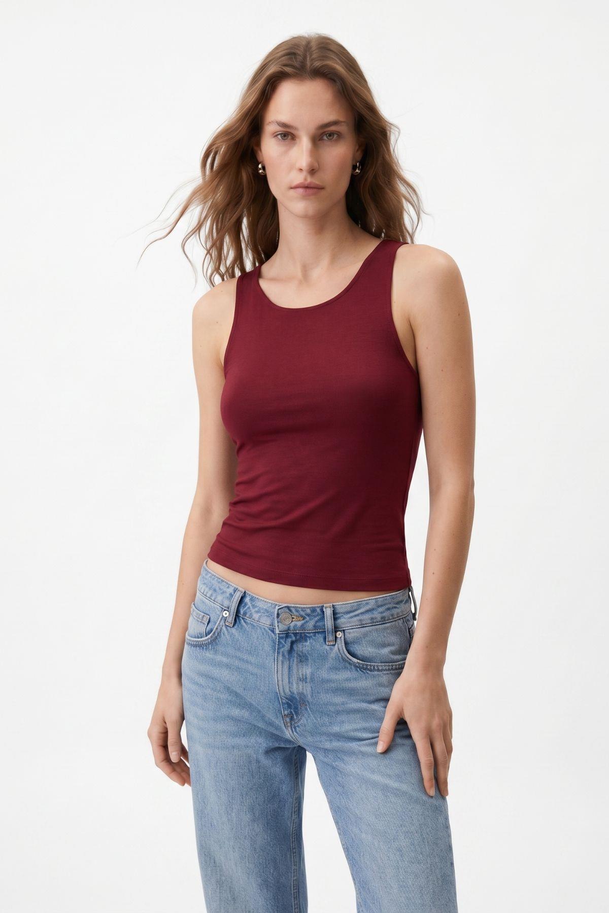 Yuvarlak Yaka Crop Atlet 8163A Bordo - RAYS