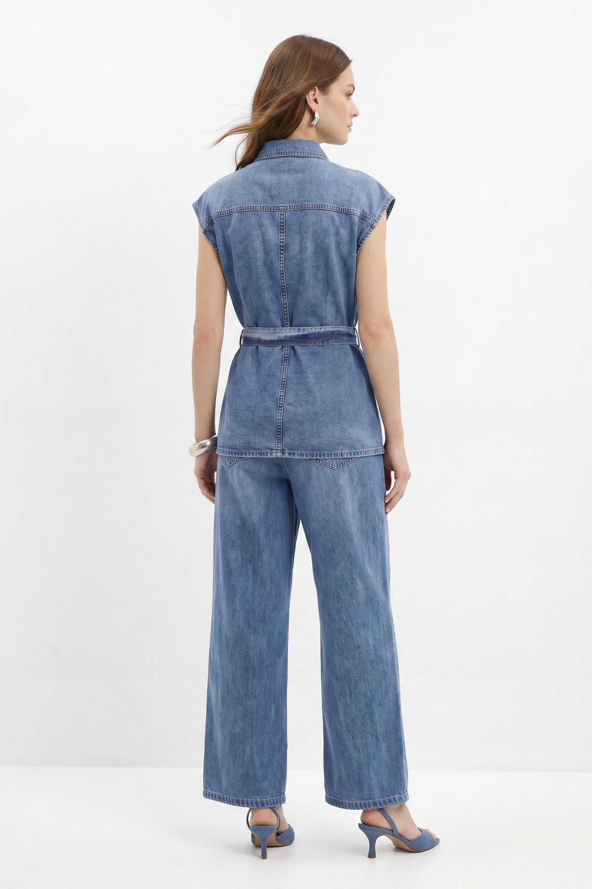 Kuşaklı Sıfır Kol Jean Ceket Pantolon Takım 002 Buzkar - RAYS