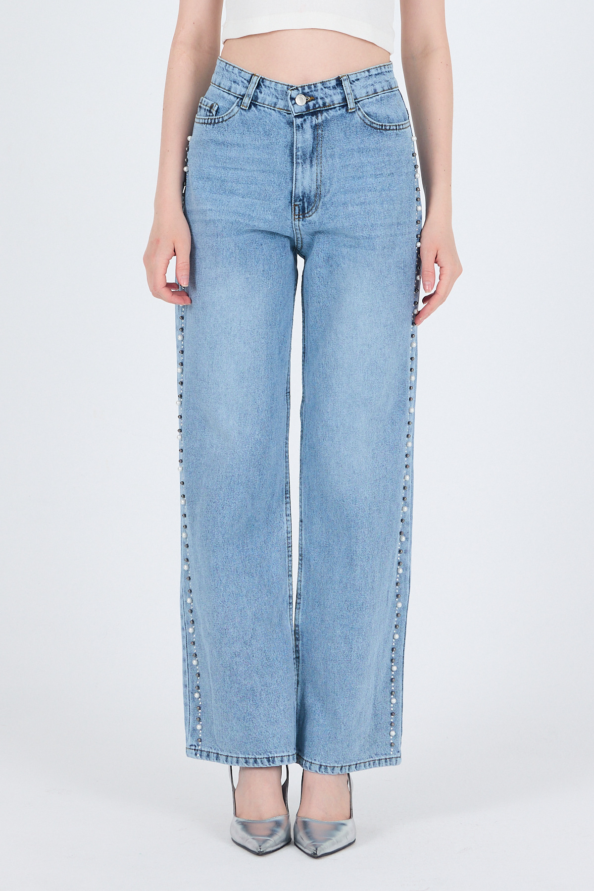 Buzkar Yanları İnci İşlemeli Yüksek Bel Straight Jean Pantolon 3312 - 5