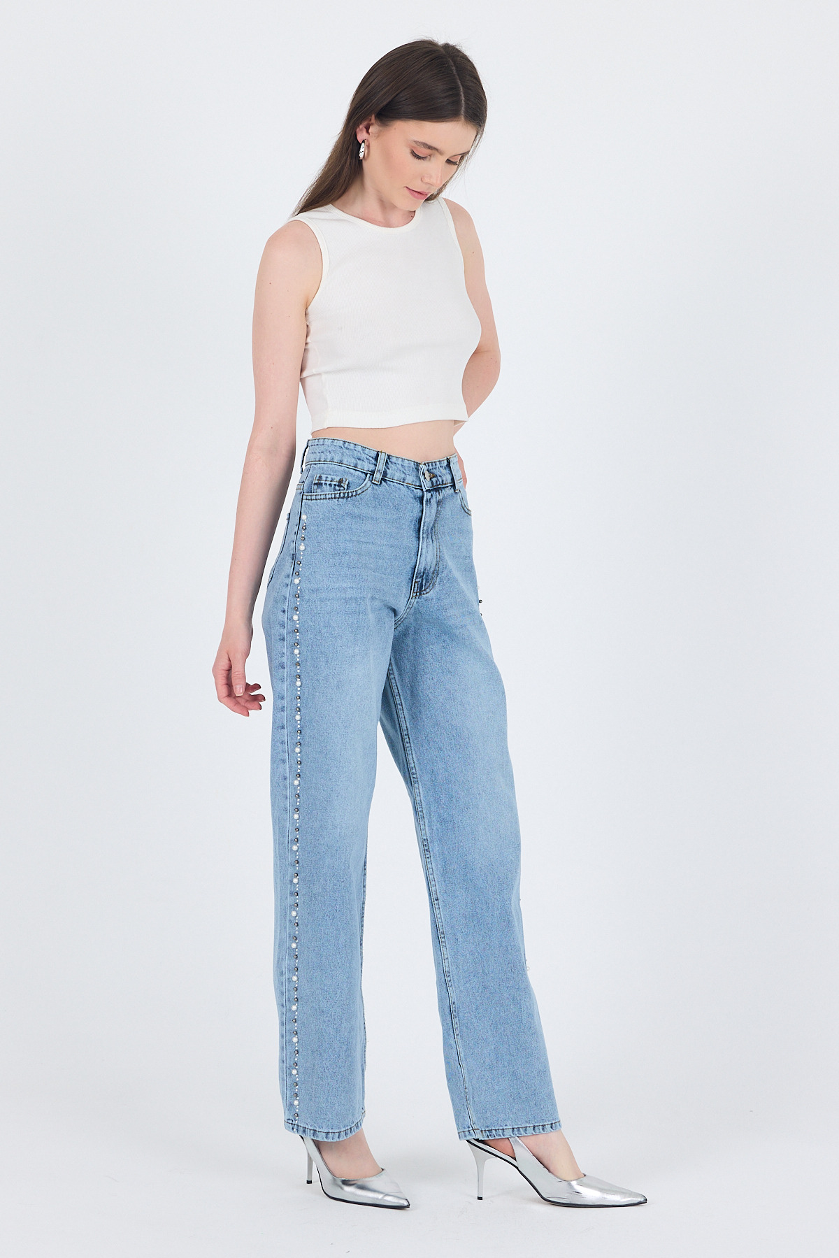 Buzkar Yanları İnci İşlemeli Yüksek Bel Straight Jean Pantolon 3312 - RAYS