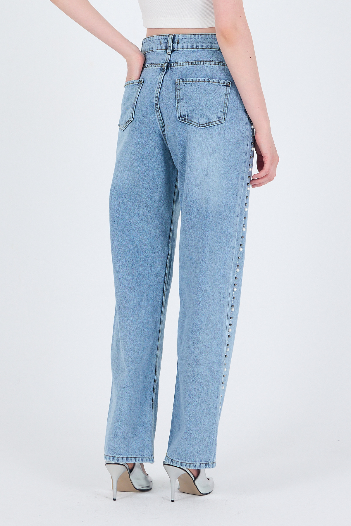 Buzkar Yanları İnci İşlemeli Yüksek Bel Straight Jean Pantolon 3312 - 6