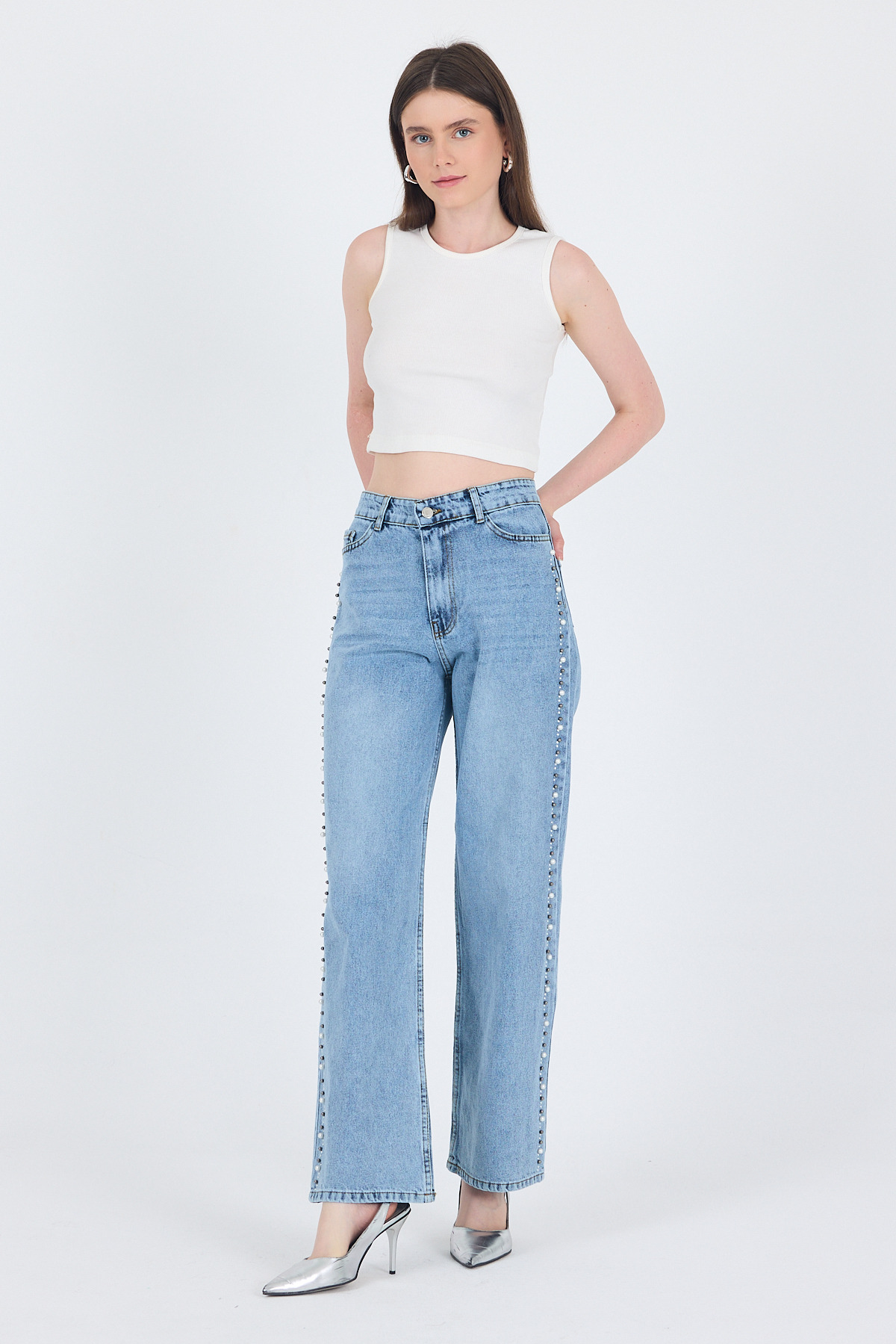 Buzkar Yanları İnci İşlemeli Yüksek Bel Straight Jean Pantolon 3312 - 7