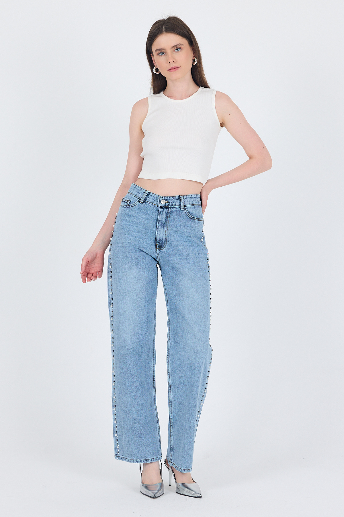 Buzkar Yanları İnci İşlemeli Yüksek Bel Straight Jean Pantolon 3312 - RAYS