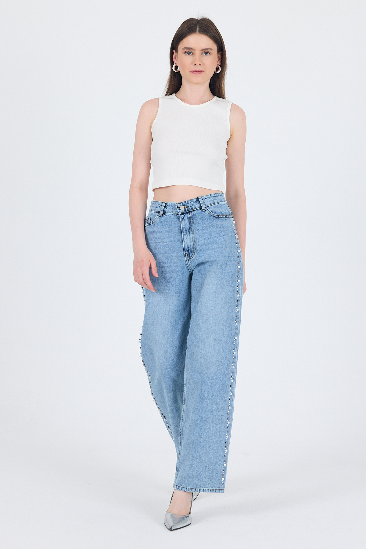 Buzkar Yanları İnci İşlemeli Yüksek Bel Straight Jean Pantolon 3312 - RAYS