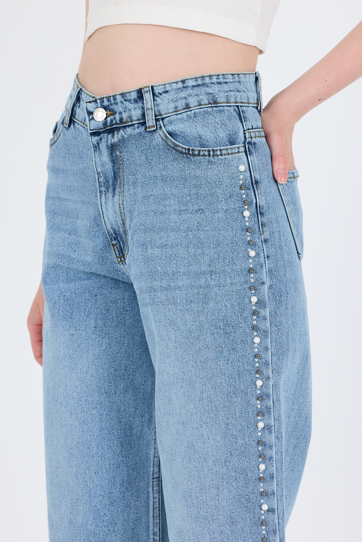 Buzkar Yanları İnci İşlemeli Yüksek Bel Straight Jean Pantolon 3312 - RAYS