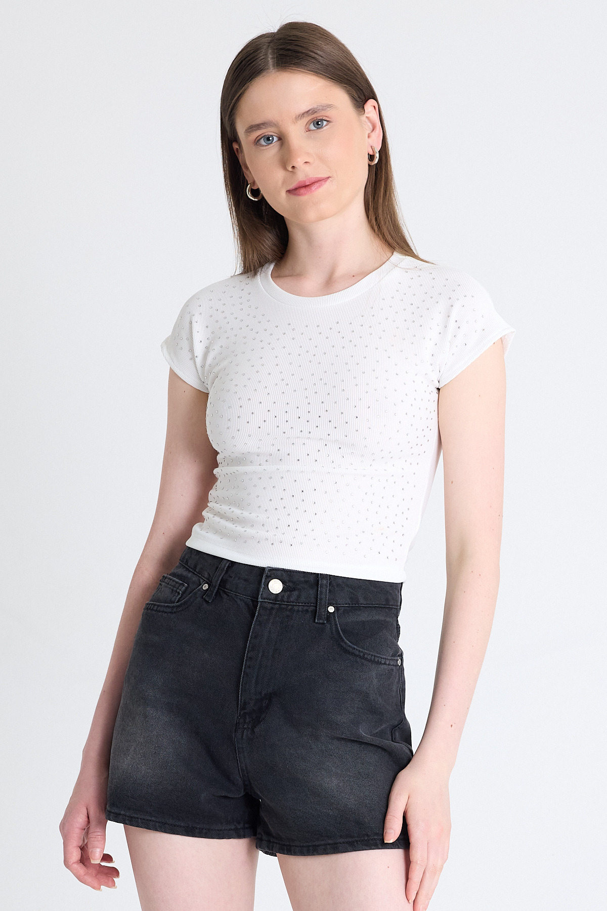 Beyaz Taş Detaylı Slim Fit Crop Tişört 9207M 