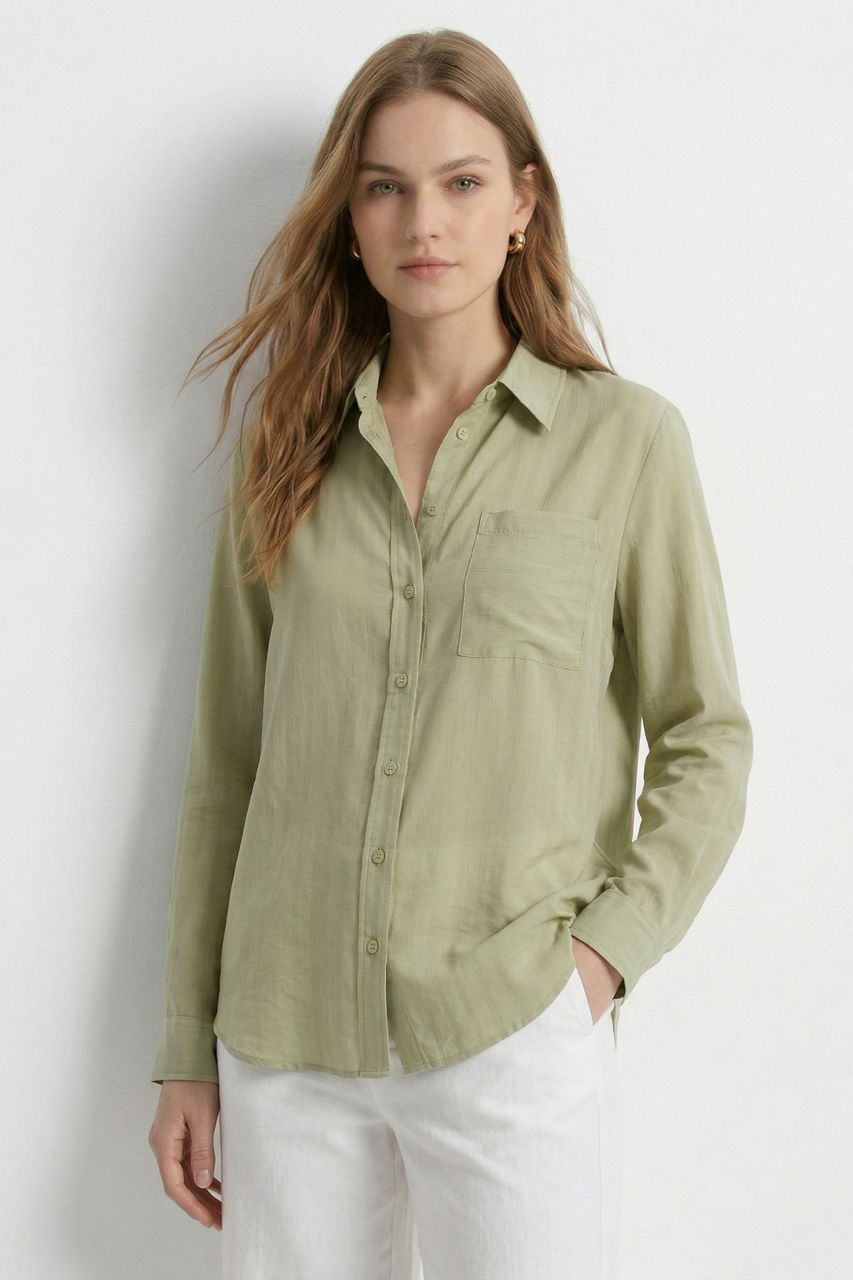 Çağla Cepli Çizgili Oversize Gömlek 5449 - 1