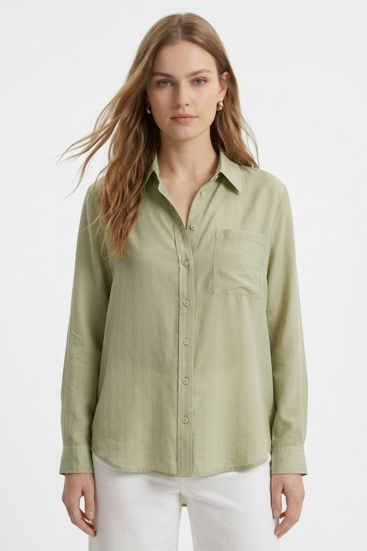 Çağla Cepli Çizgili Oversize Gömlek 5449 - 3