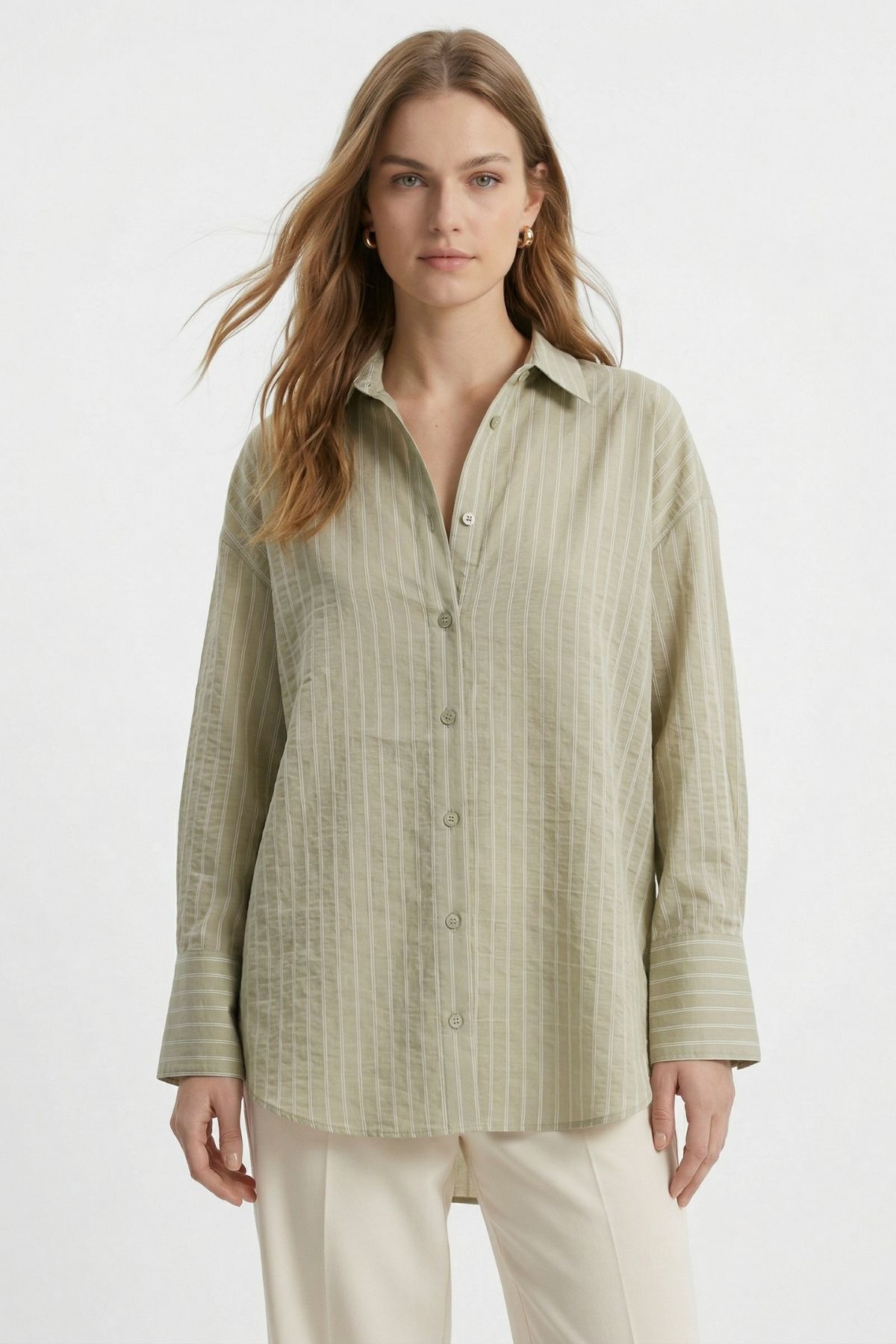 Çağla Çizgili Oversize Gömlek 5460 - 2