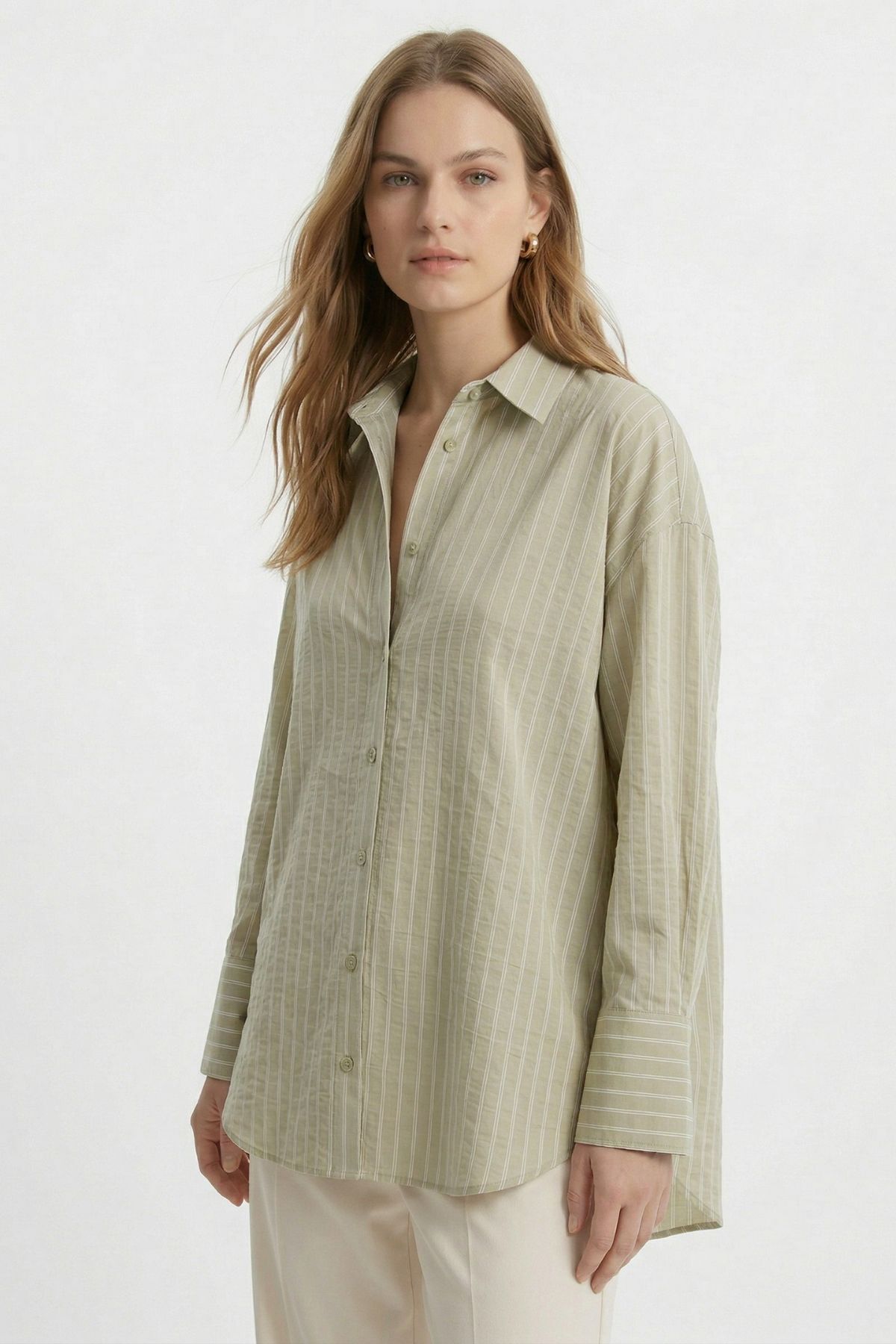 Çağla Çizgili Oversize Gömlek 5460 - 3