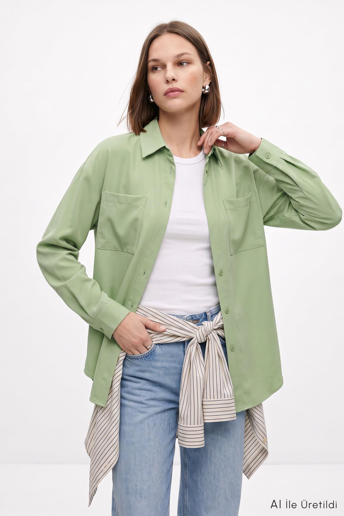Çağla Yeşili Çift Cepli Oversize Uzun Basic Gömlek TCR 6256A - RAYS