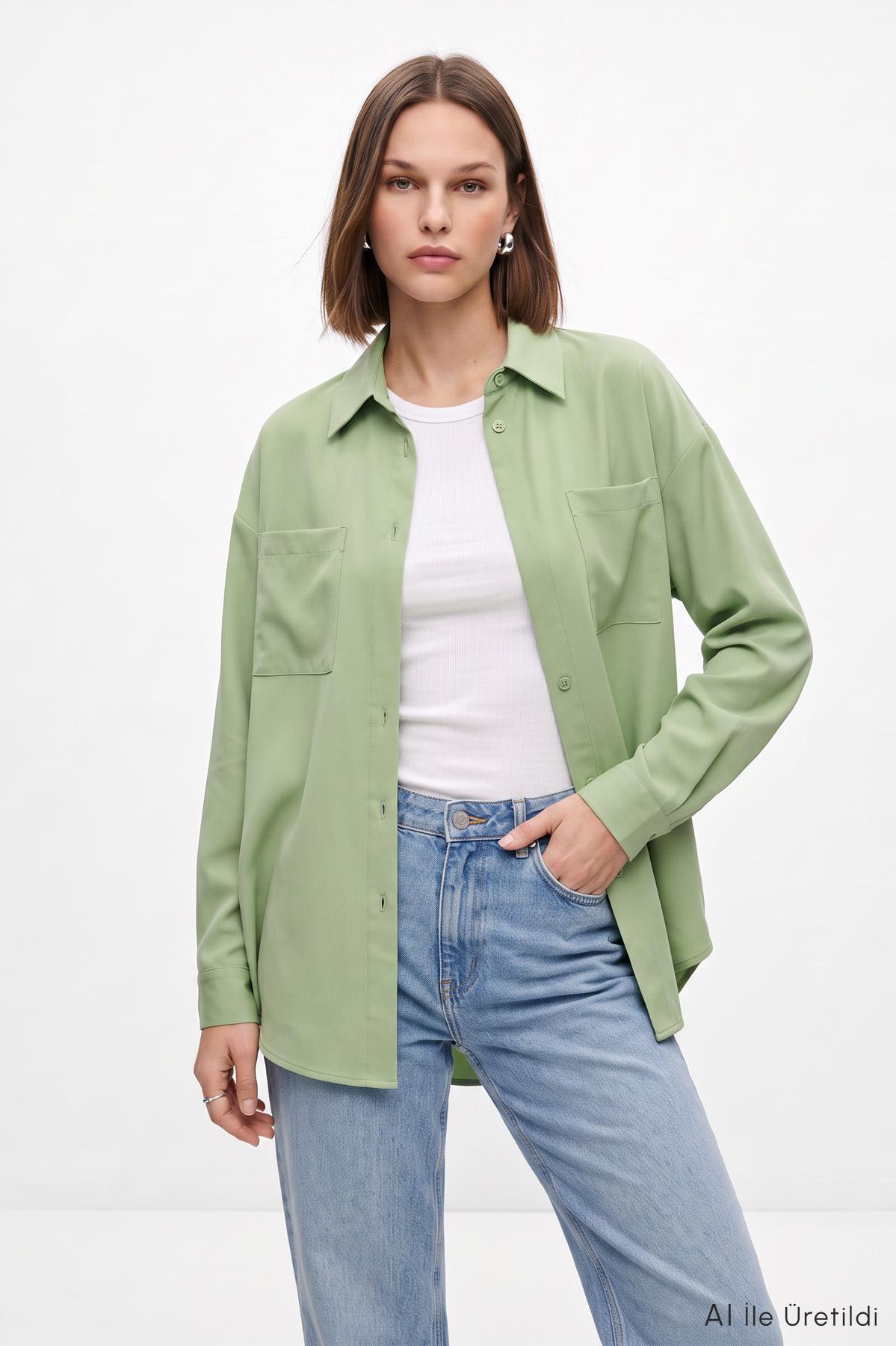 Çağla Yeşili Çift Cepli Oversize Uzun Basic Gömlek TCR 6256A - RAYS