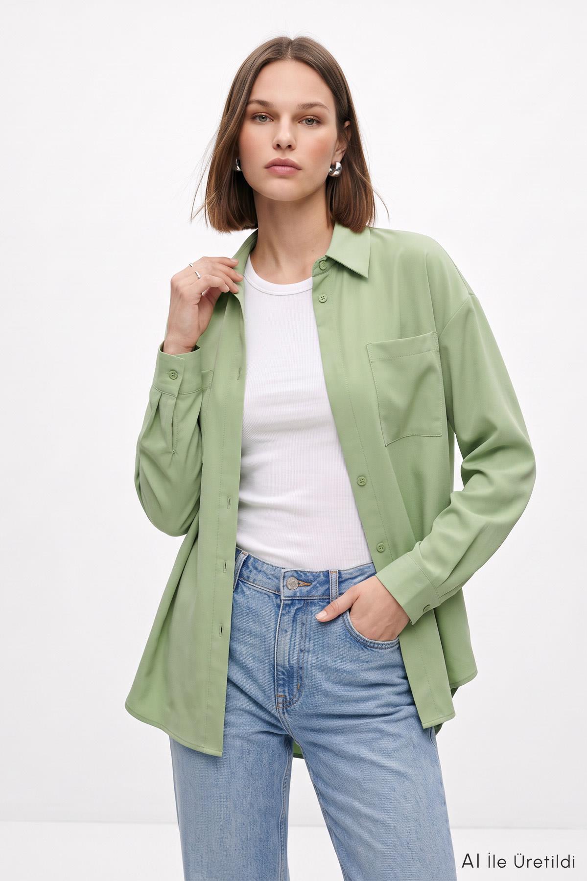 Çağla Yeşili Çift Cepli Oversize Uzun Basic Gömlek TCR 6256A - RAYS