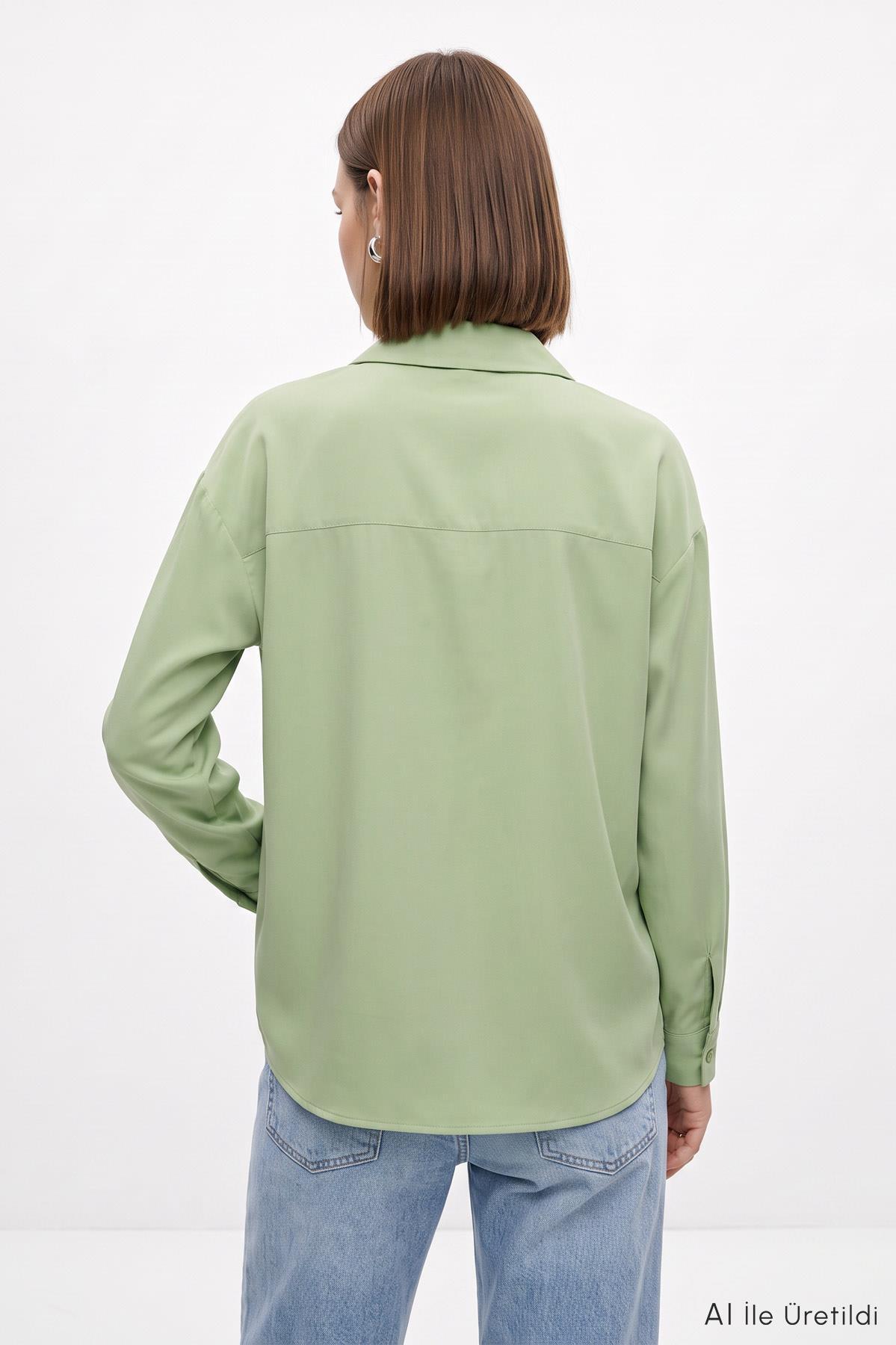 Çağla Yeşili Çift Cepli Oversize Uzun Basic Gömlek TCR 6256A - 5