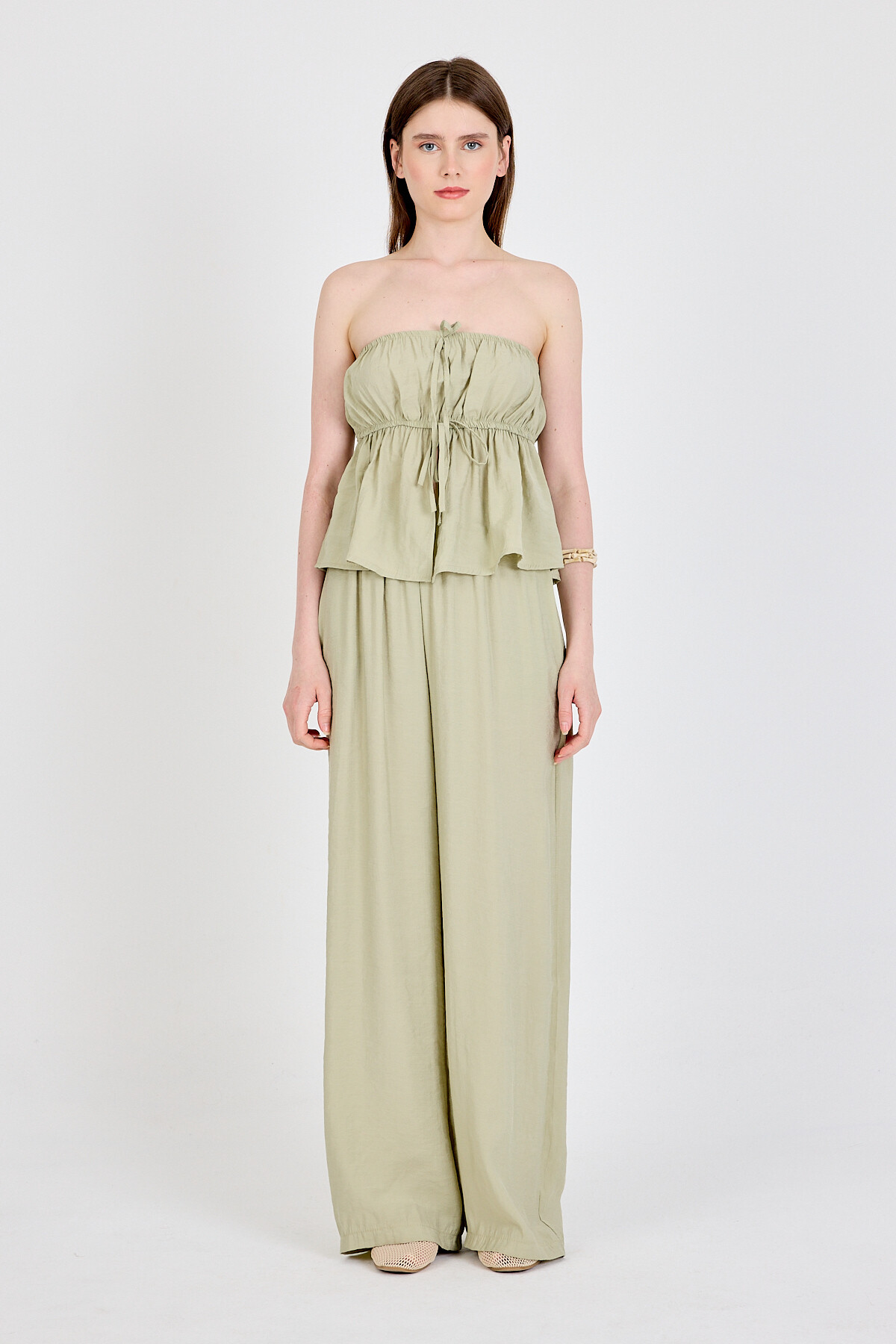 Çağla Yeşili Mavi Straplez Bluz ve Geniş Paça Pantolon İkili Takım 5236 - 2