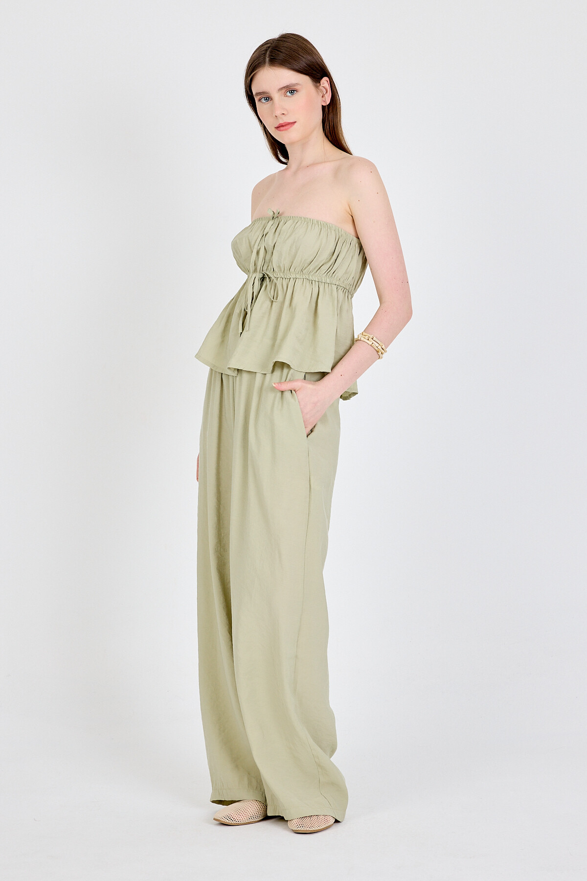 Çağla Yeşili Mavi Straplez Bluz ve Geniş Paça Pantolon İkili Takım 5236 - 3