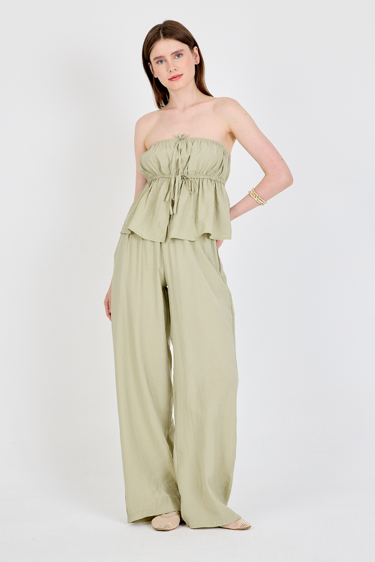 Çağla Yeşili Mavi Straplez Bluz ve Geniş Paça Pantolon İkili Takım 5236 