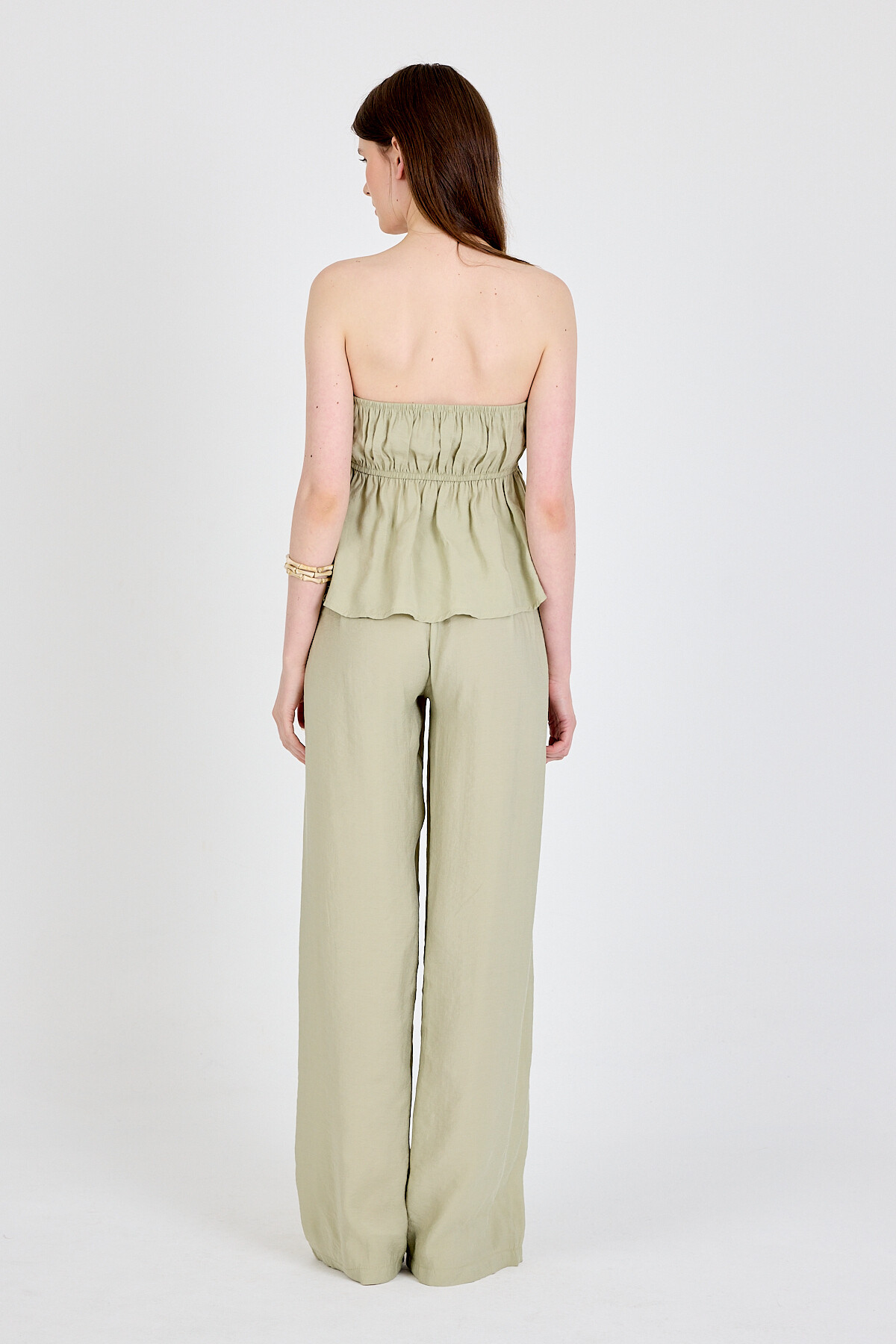 Çağla Yeşili Mavi Straplez Bluz ve Geniş Paça Pantolon İkili Takım 5236 - 5